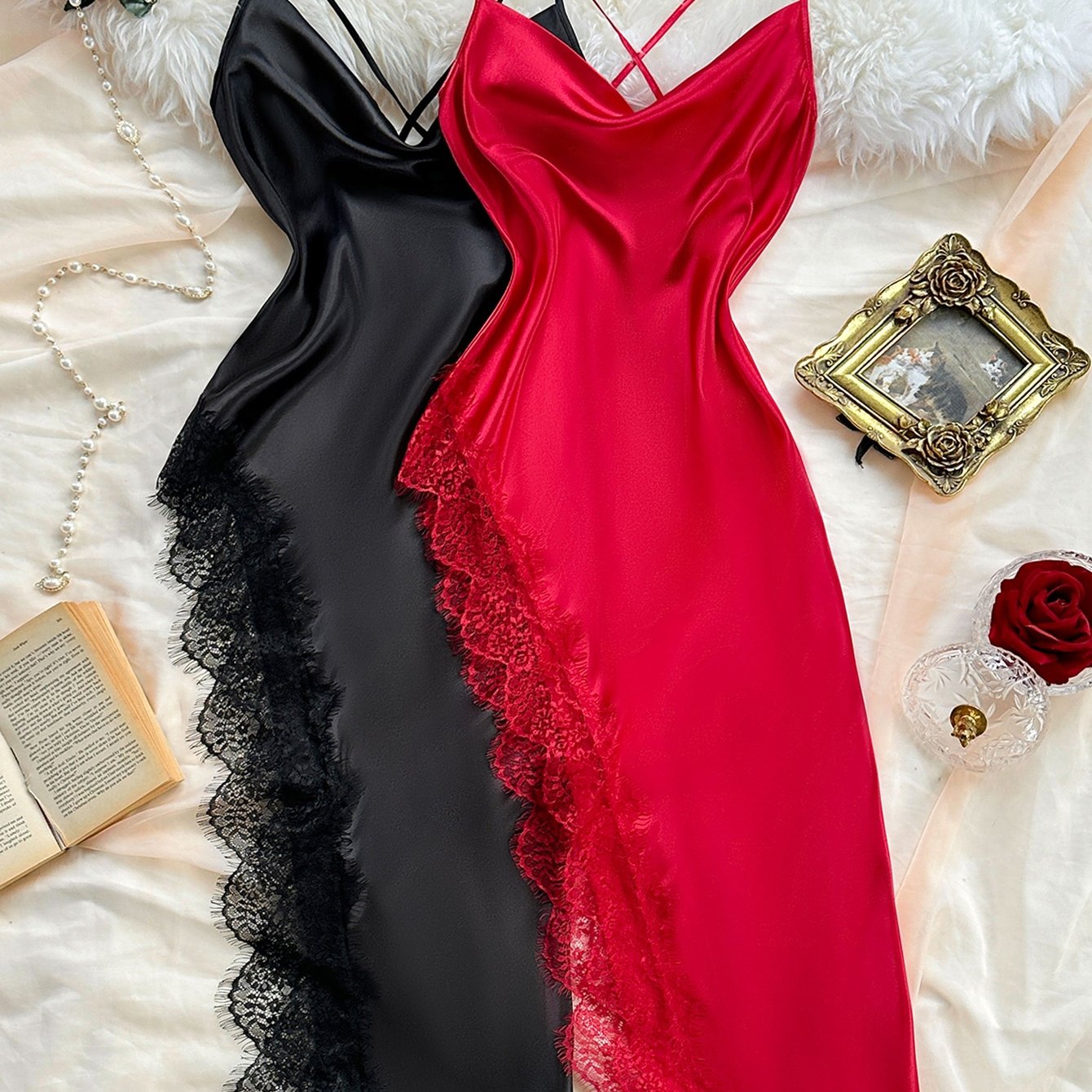 E-shop 2er-Set Damen Nachthemden, modisches, sexy Cami-Kleid-Set mit Rüschen-Ausschnitt in Unifarben