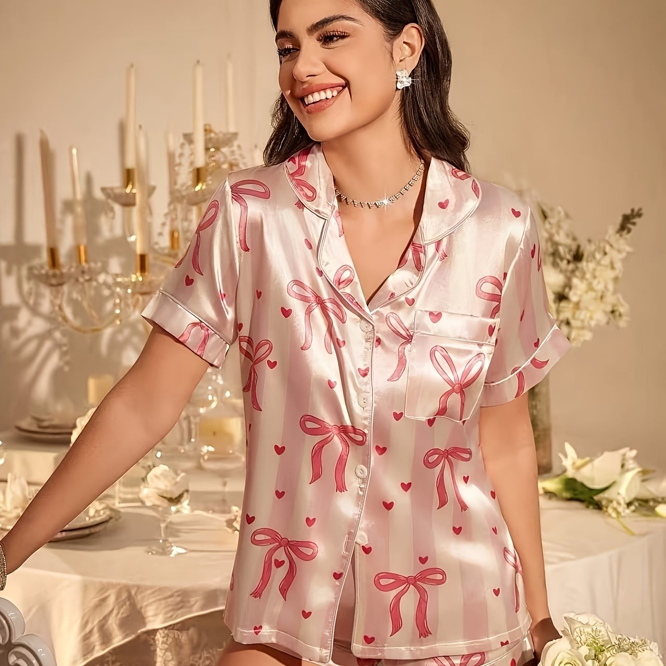TEMU Women's 2pcs Set: Double-layer Short Y Pink Stripe Heart Print Pajama Set, Featuring A Pink Stripe Heart Print Short-sleeve Top With Pockets And