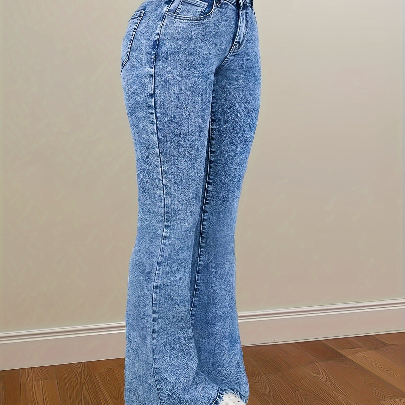 Blue Snowflake High Stretch Flare Leg Jeans | Elegant Long Length With Button Details, Fabric Denim Jeans