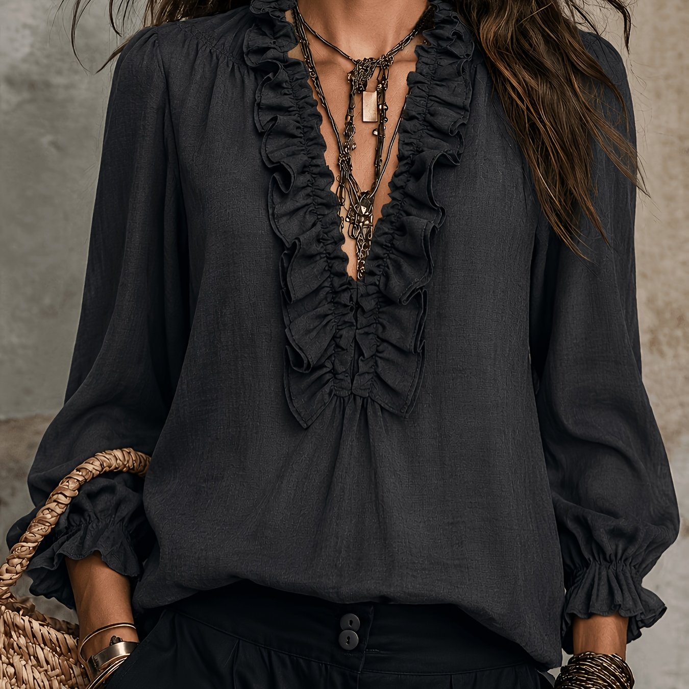 TEMU Women's Elegant Black Ruffle V-neck Vintage Lantern Sleeve Loose , Spring/autumn Vacation Shirt