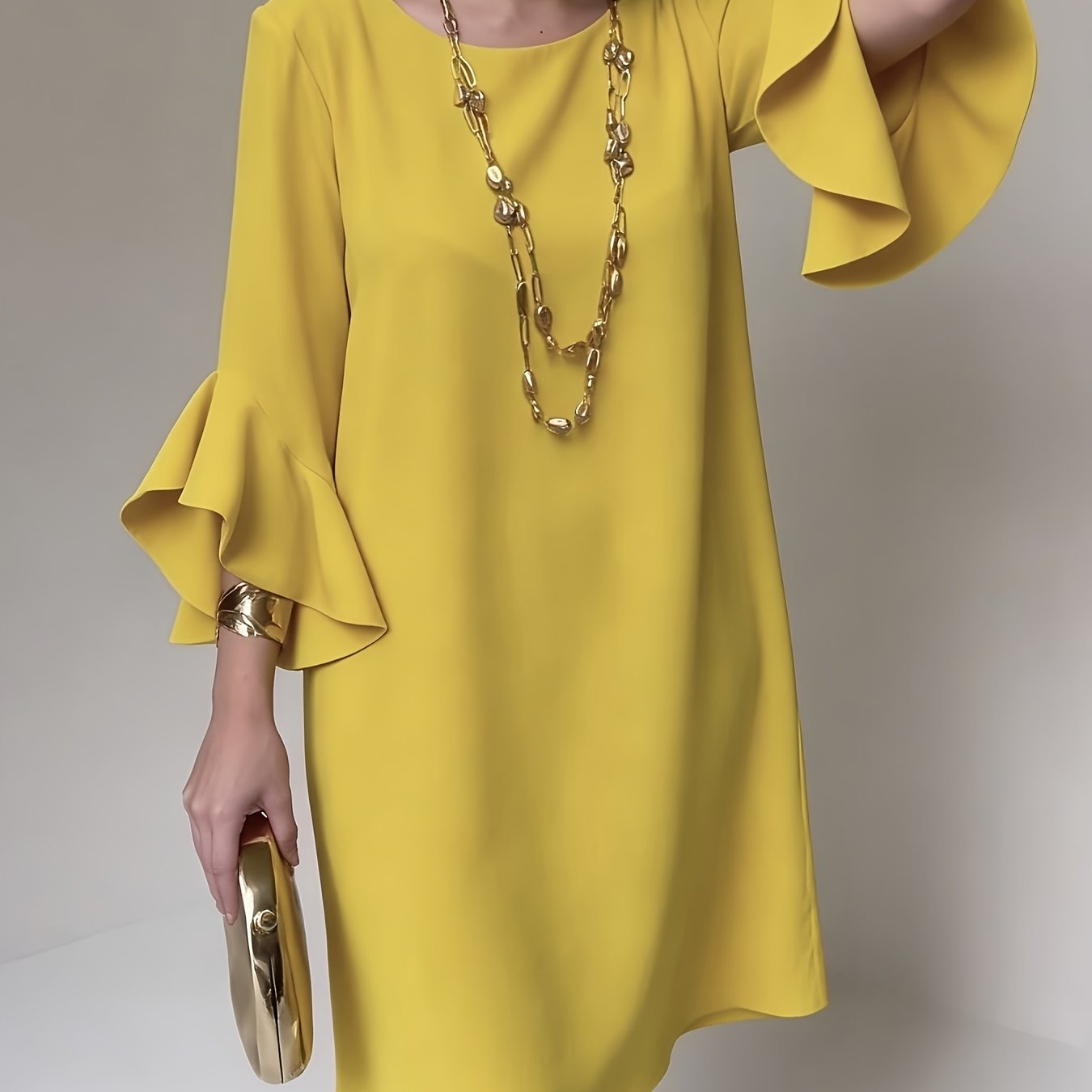 TEMU Solid Color Flared Sleeve Commuter Straight Dress, Round Neck Easy Design No Extra Matching Needed, Loose Straight Fit Flattering For All Body