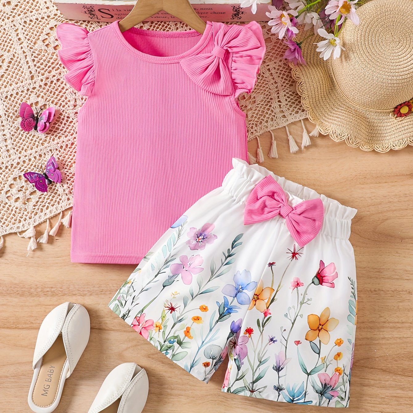 E-shop Mädchen 2-teiliges Shorts-Set, elegantes Blumen- Pflanzenmuster + positionierter Digitaldruck, Oberteil aus rosa seidigem Faserstoff mit kleiner
