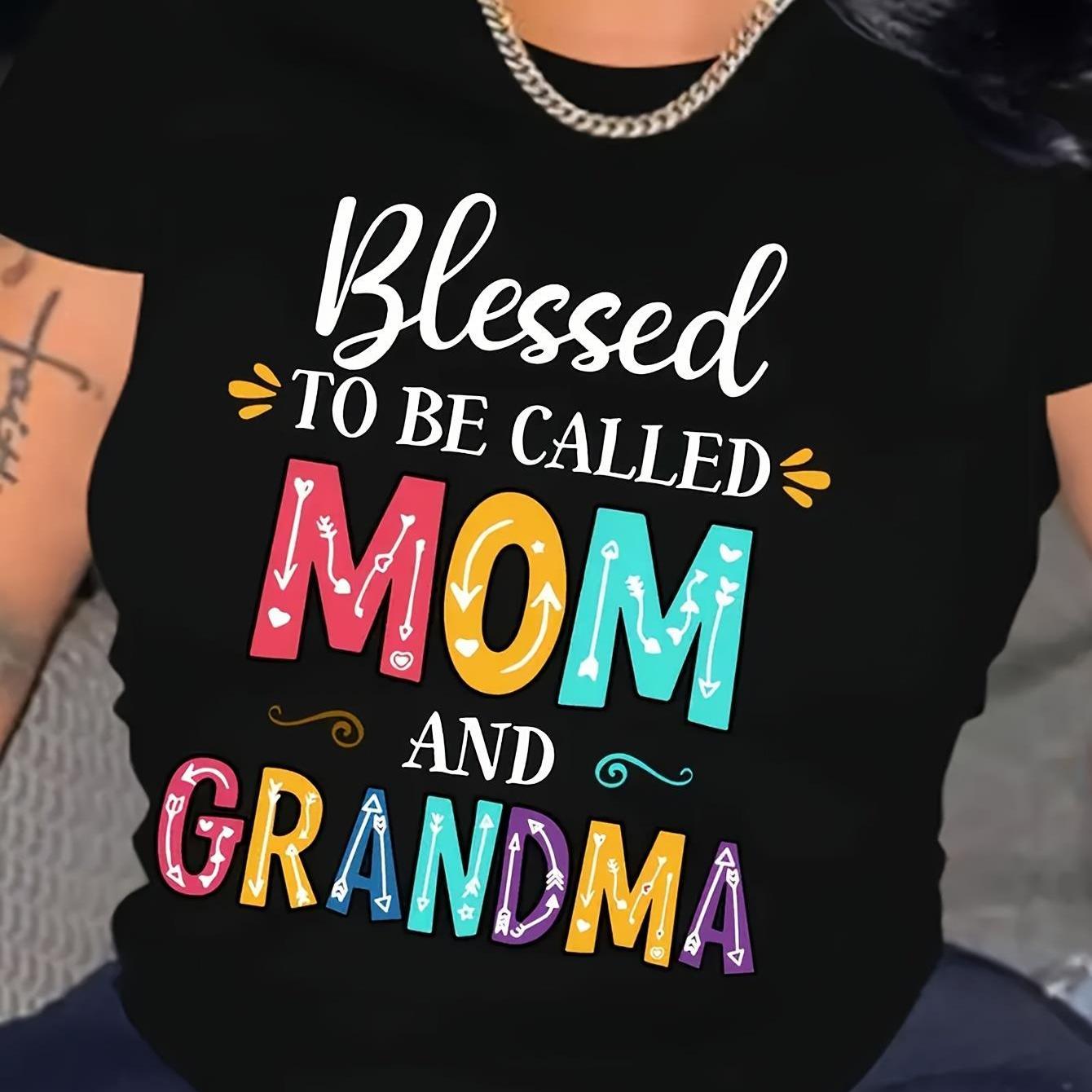 TEMU Womens Casual Crew Neck T-shirt With Blessed To Be Called Mom And Grandma Print, Short Sleeve, Regular Fit, , Casual Wearcolorful Text