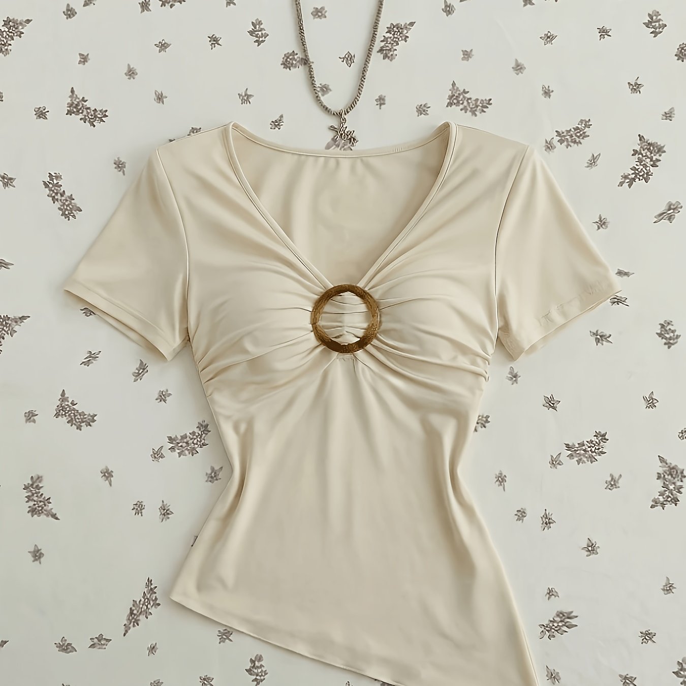 TEMU 2026 Desire Lazy Style V-neck With Ring Knot Short Sleeve Summer Top Irregular T-shirt