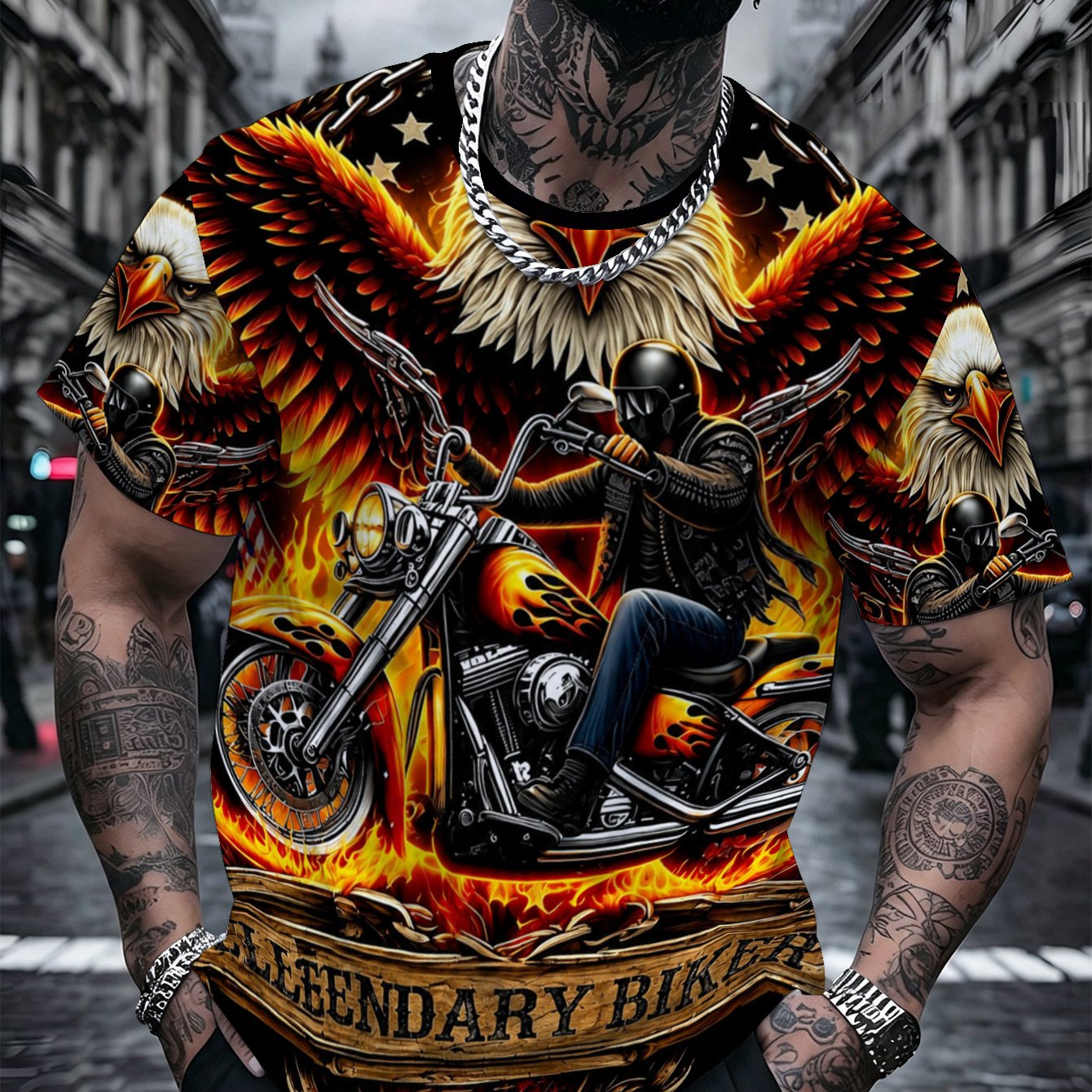 TEMU [printed Design, Not Textured] New Plus-size Men's Casual Sport T-shirt, Eagle Motorcycle Graphic Print, Style, Fashionable Casual Top, Suitable