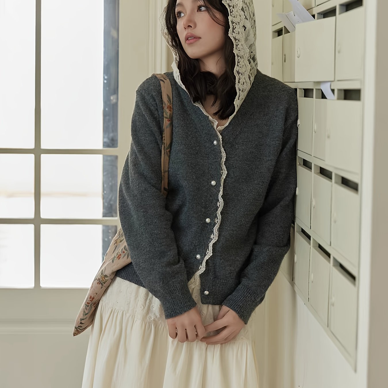 TEMU Korean Style Lace Sweater Coat For Daily , Hooded Lace Sweater (asian Fit)