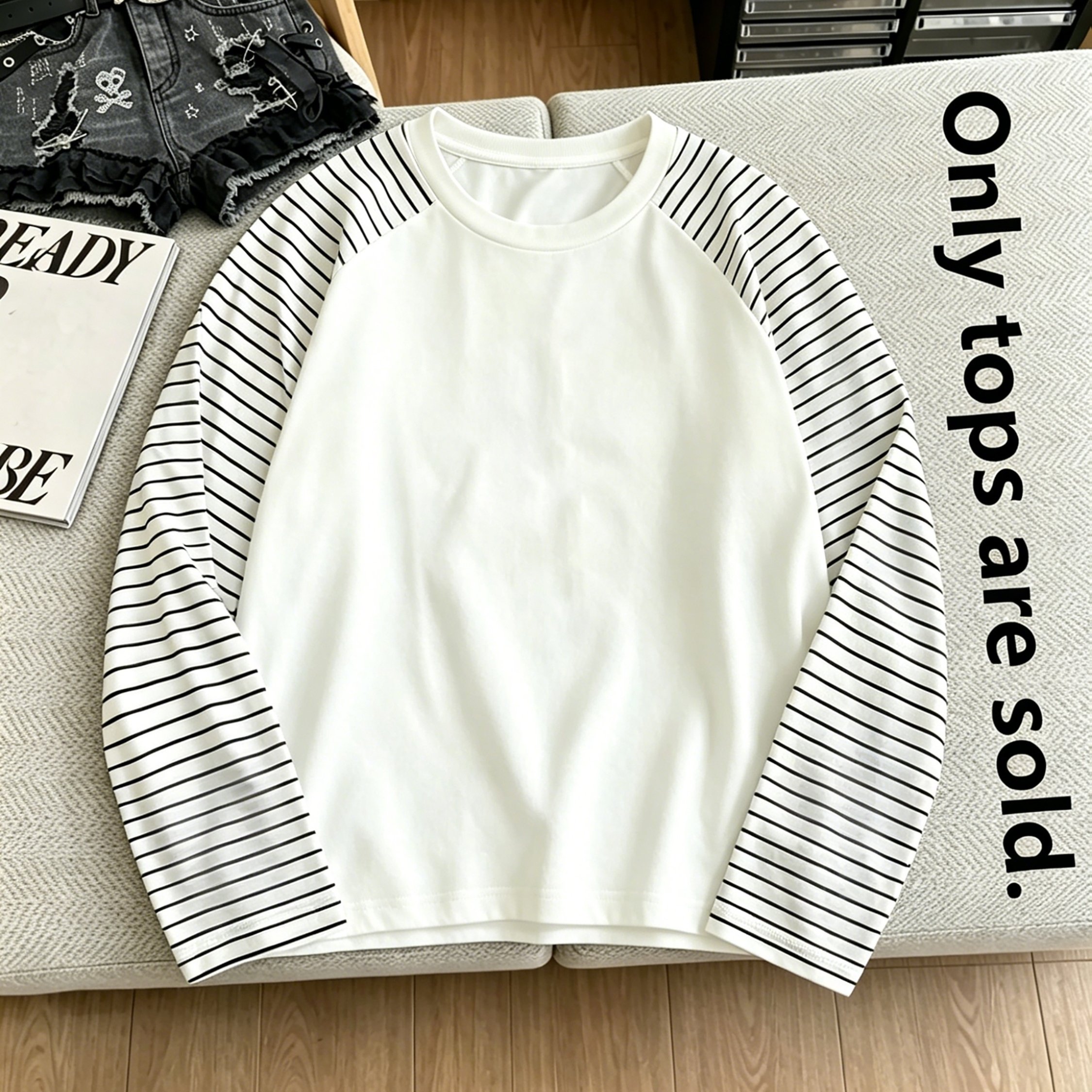 TEMU With Black Stripes, Raglan Sleeve, Women's Spring/autumn Loose-fit Round Neck Top