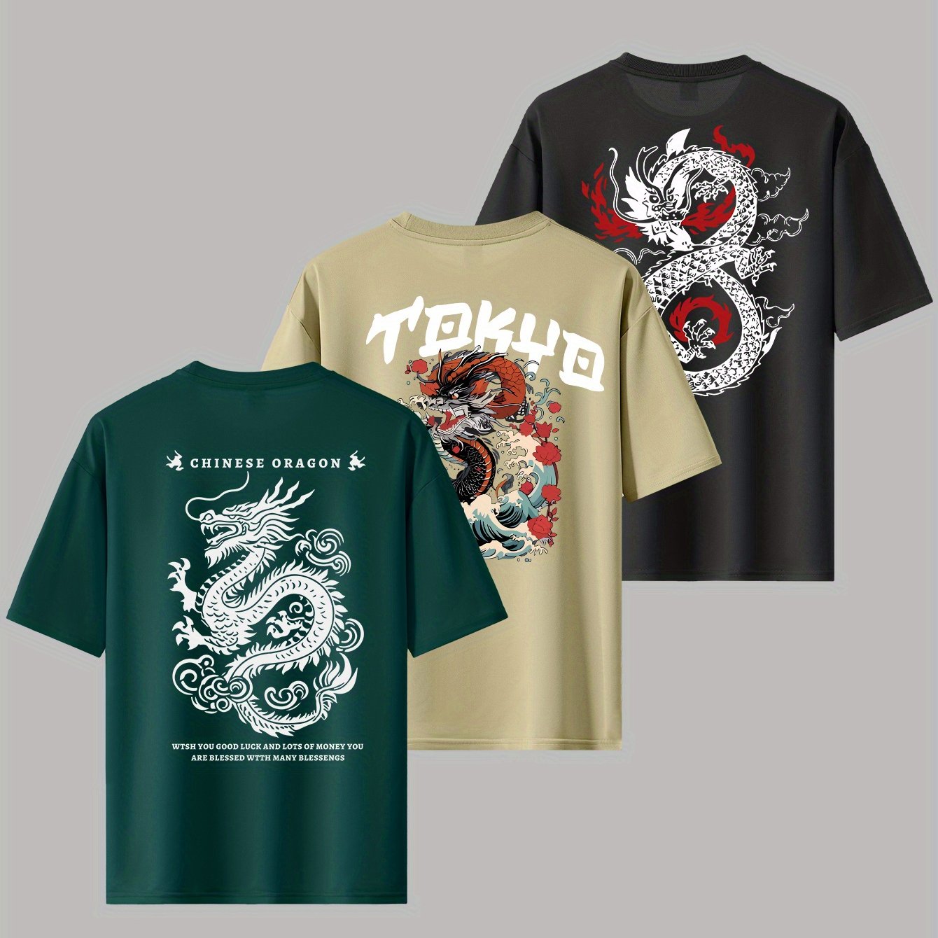 TEMU Trendy Loose Round Neck T-shirt, Casual Daily Short Sleeve T-shirt Japanese Anime Dragon Print 3pcs Set, As A Surprise Gift