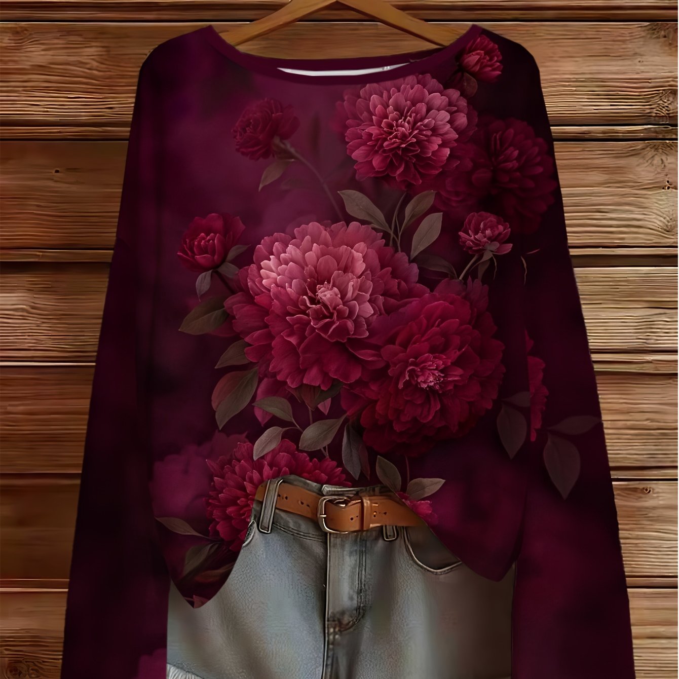 TEMU Plus Size, Comfortable And Casual Plus-size Women's Round-neck Long-sleeve Deep Burgundy Floral Print T-shirt For Spring, Autumn, And Winter