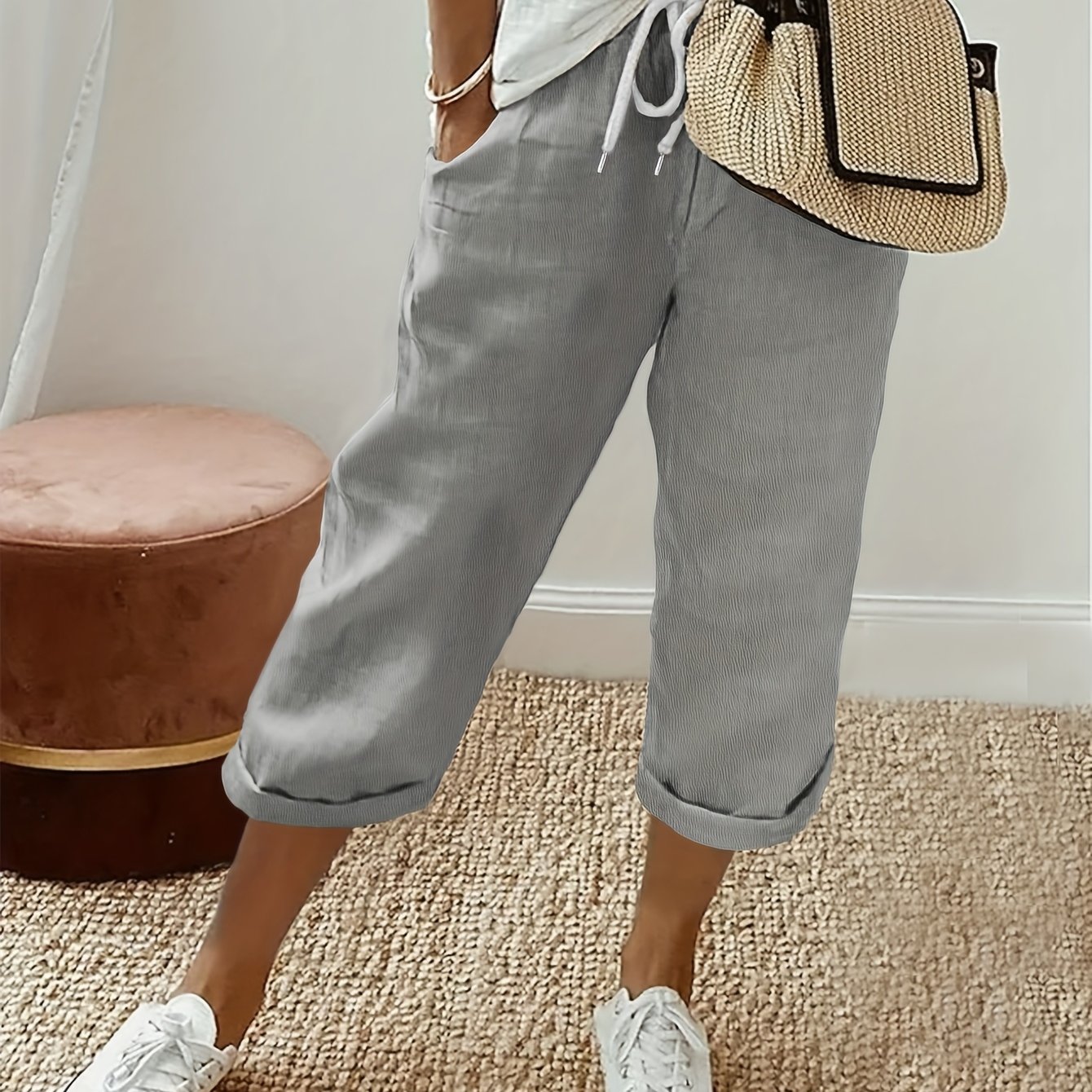 Plus Size Women's Versatile Solid Color Loose Drawstring Capri Pants