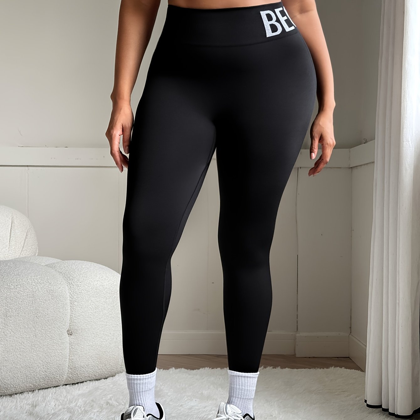 Image of Women's Plus Size Seamless Letter Print Sports Leggings, Hip Lifting High Waist Tummy Control Sports Yoga Pants, Skin-friendly Breathable Quick-drying Sports Casual Base Layer Pants