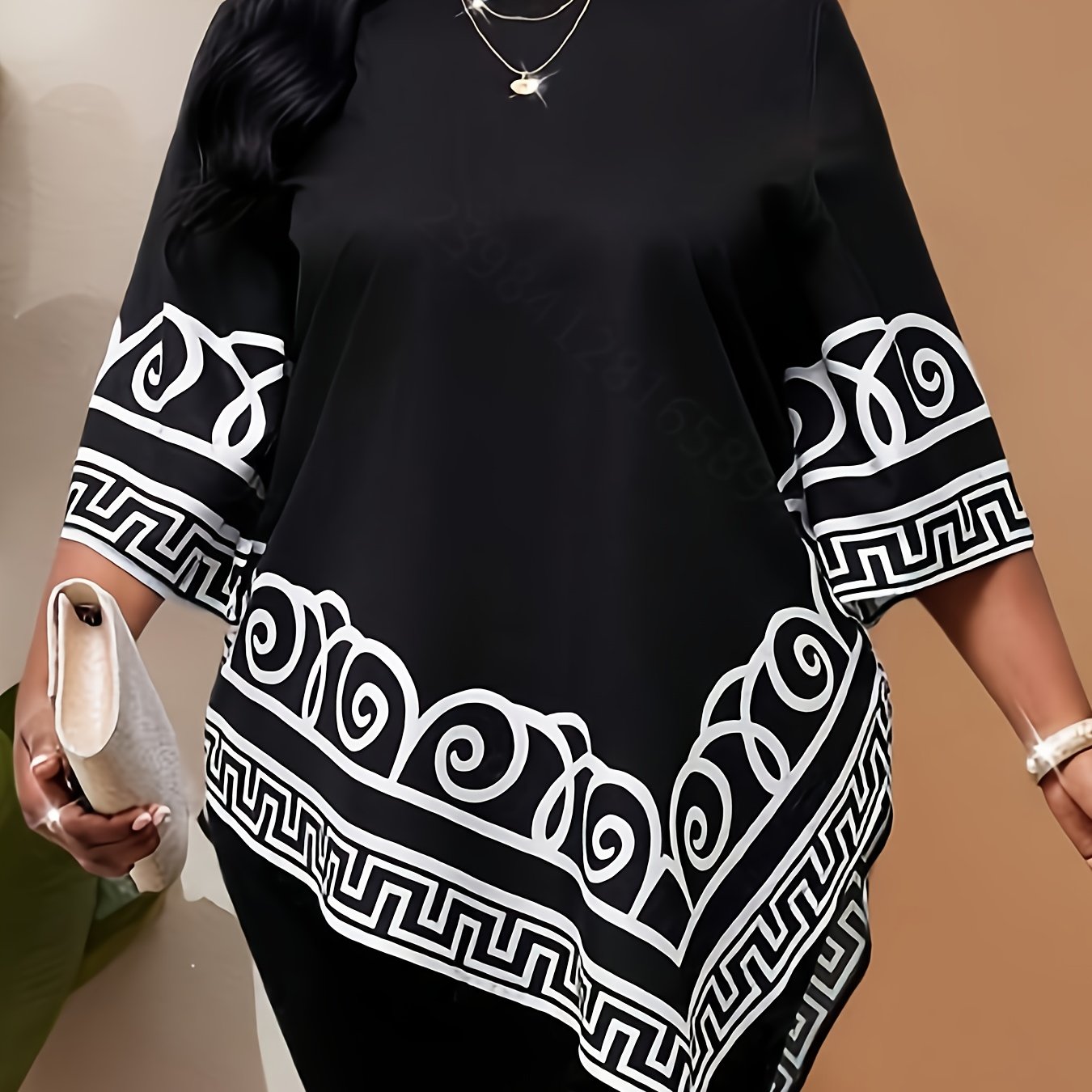 TEMU Grande Taille - Chemise Imprimée Ourlet Irrégulier Manches 3/4 Grande Taille Femme Printemps/Automne