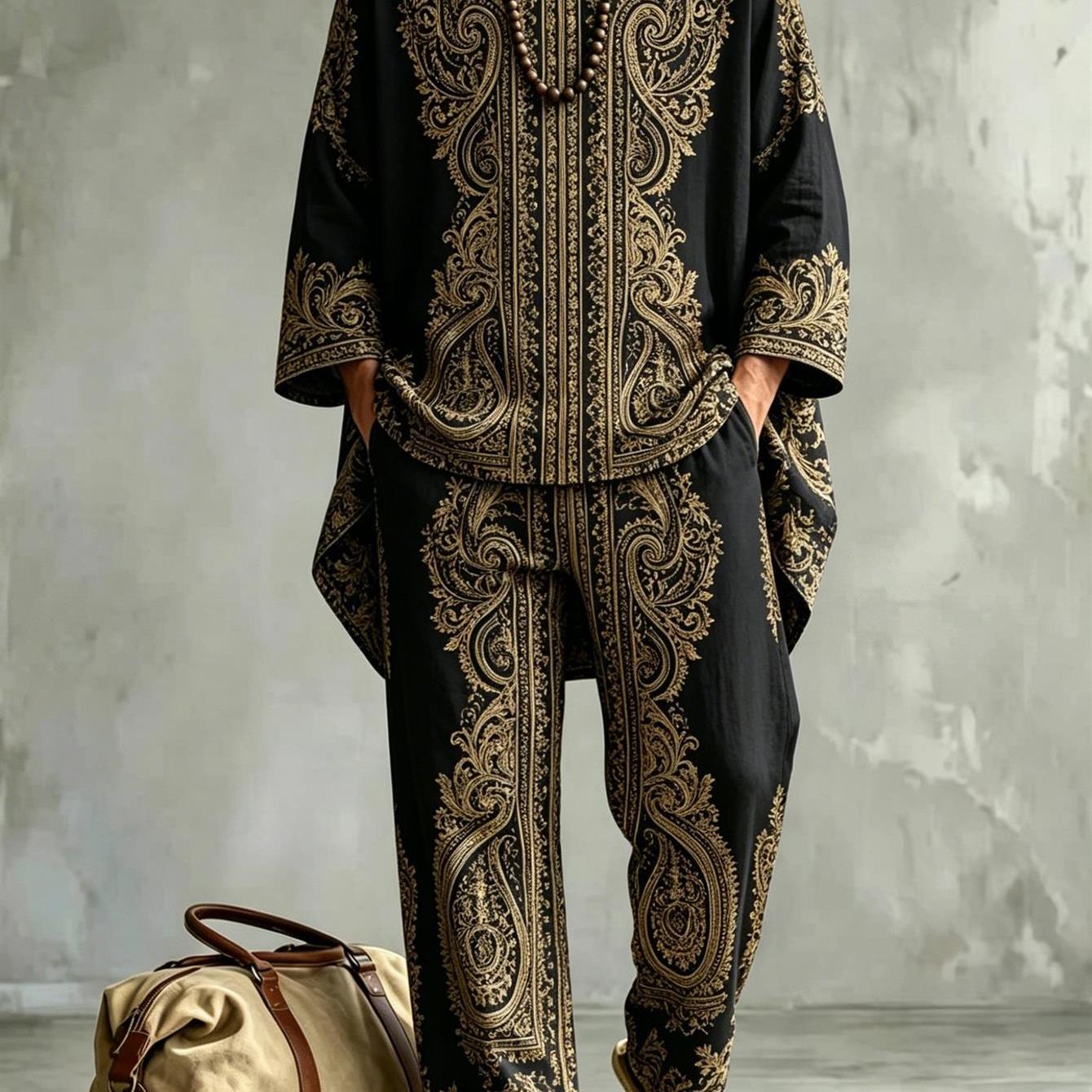 Image of Plus Size Men's Fashion Casual Trendy Paisley Print Two-piece Outfit Street Style Daily Wear Party Outfit Holiday Gift For Adults Men