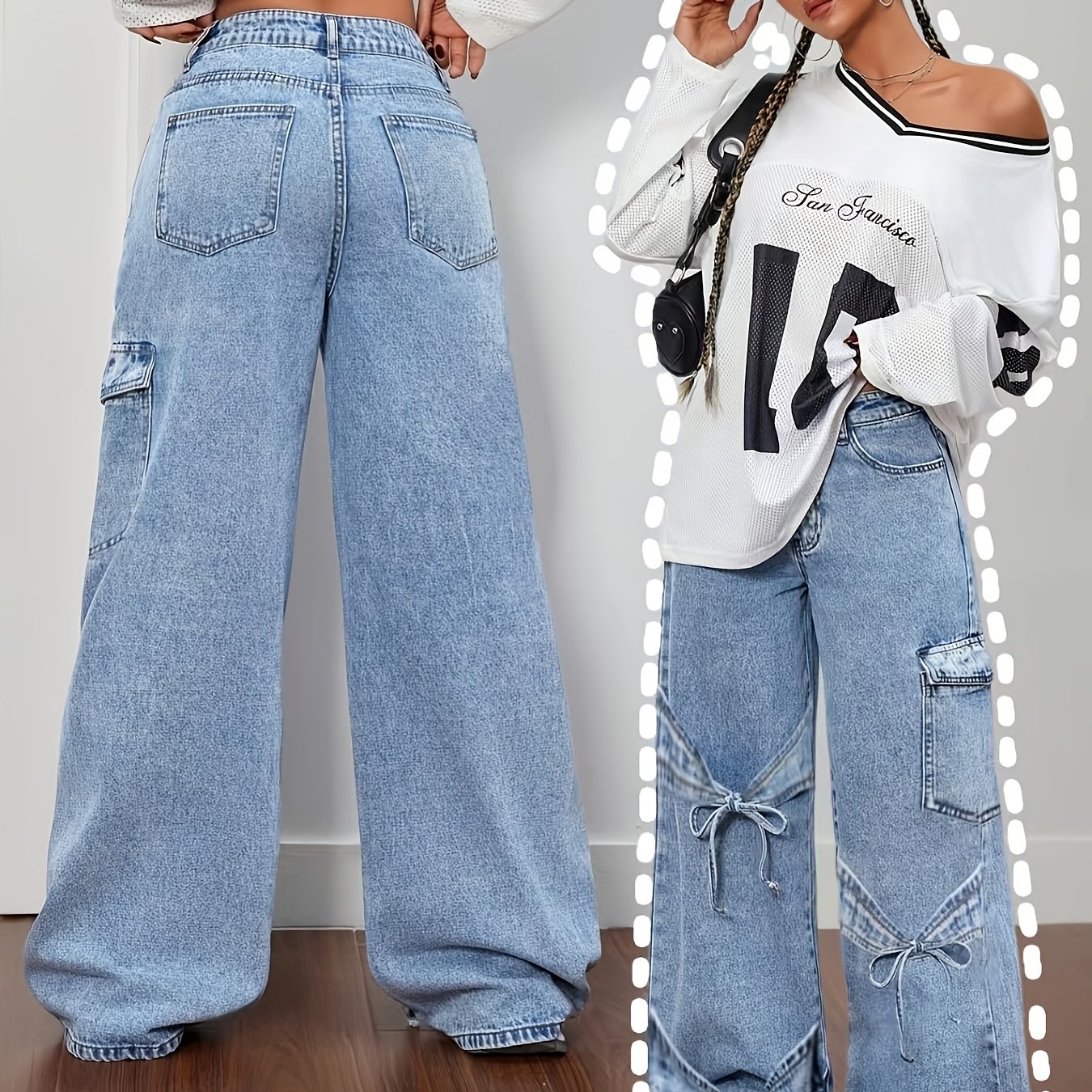 TEMU Women's Plus Size Denim Clothing Curved Bow Side Pocket Straight Trousers