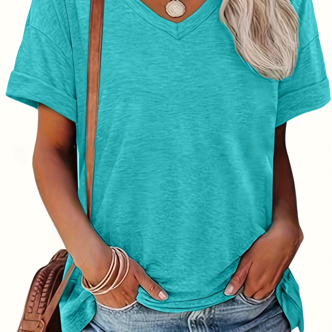 Image of Plus Size - Women's Fashion Spring Summer New Women's Clothing, V-neck Solid No-print Short Sleeve Casual Loose Top Base Short Sleeve T-shirt