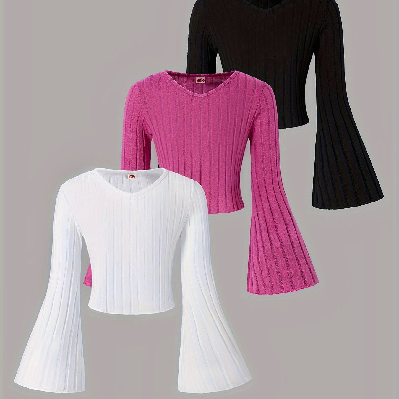Image of Girls' Autumn Size 130-170 Mid-to-large Child Long Sleeve V-neck Sleeve Fleece-lined T-shirt Base Layer, Thick Ribbed, 3pcs Set, Suitable For Back-to-school, Graduation, Prom, Party, Gathering Outfits