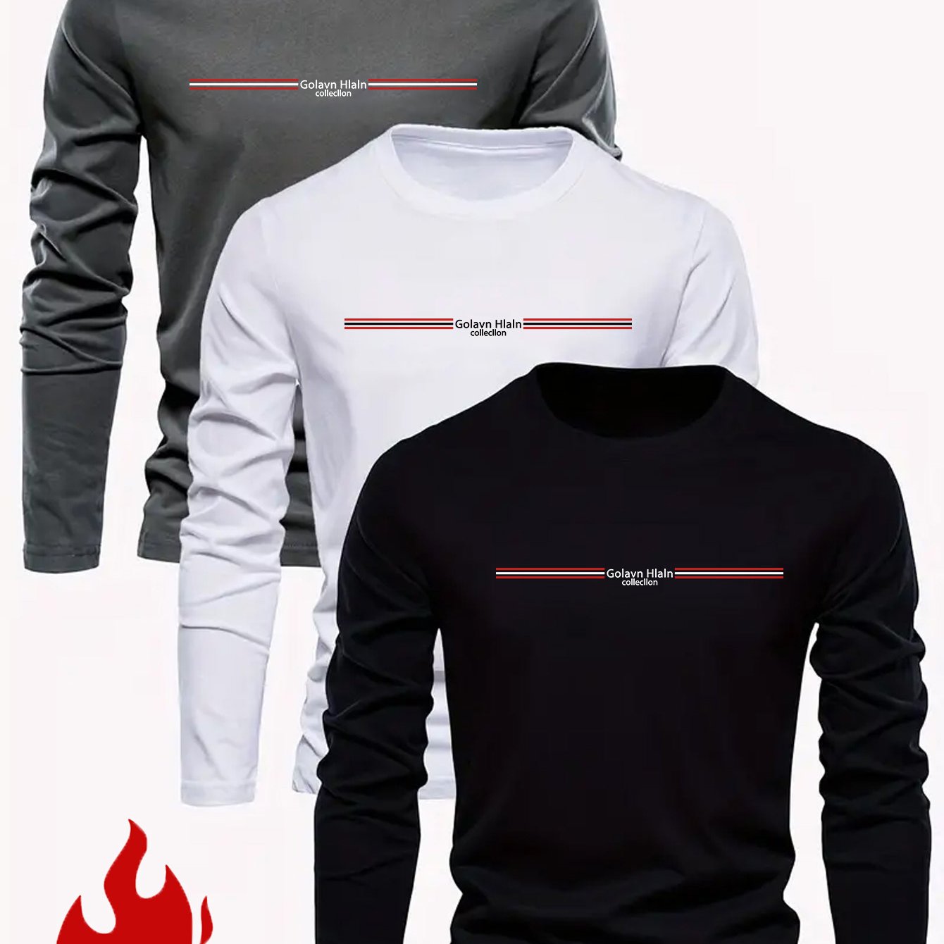 TEMU Obm Men's Casual Round Neck Long Sleeve T-shirt - Three-pc
