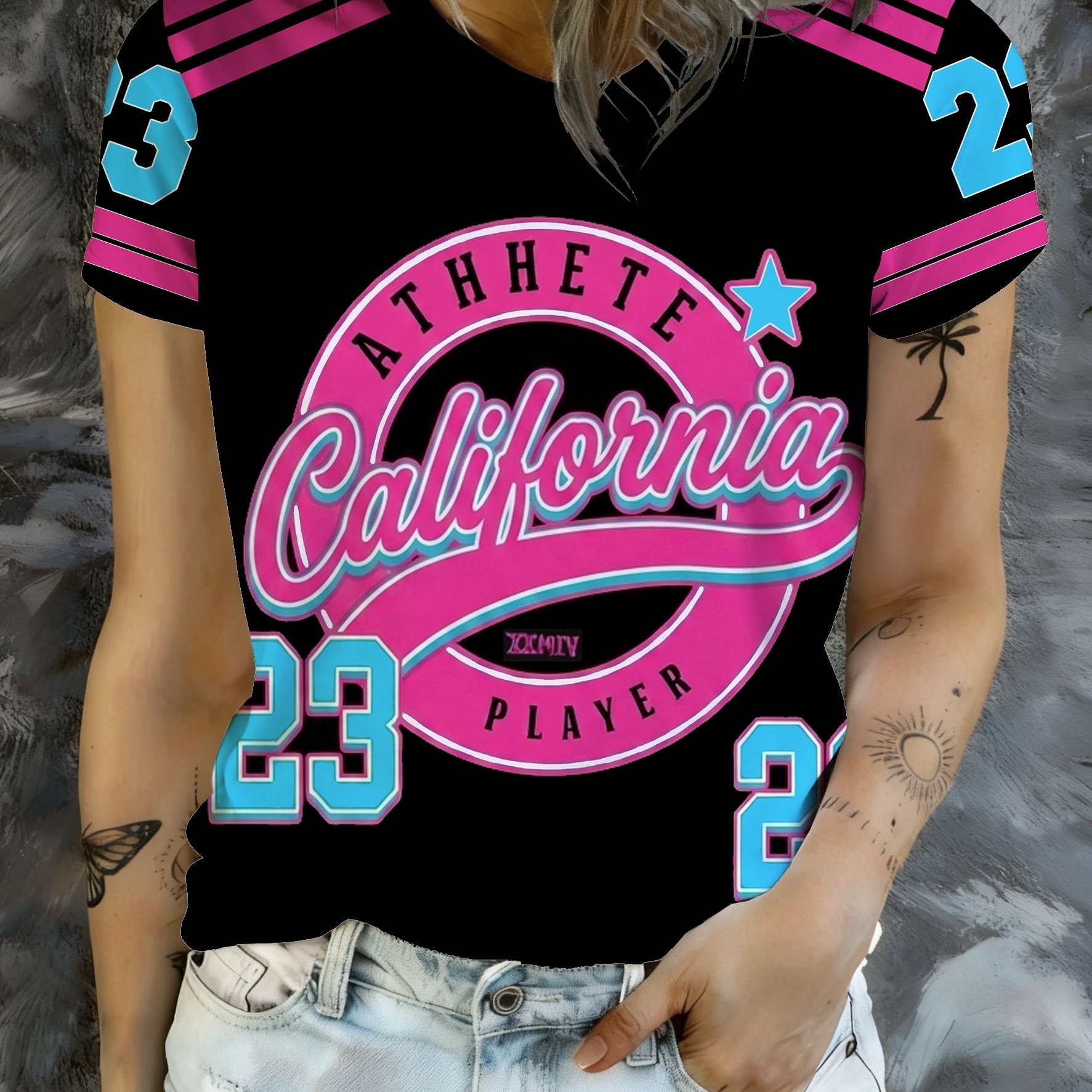 TEMU Round Neck Women's Short Sleeve T-shirt, Women's Summer Top, American Letter Number 23 Print Baseball Jersey Style Casual Short Sleeve