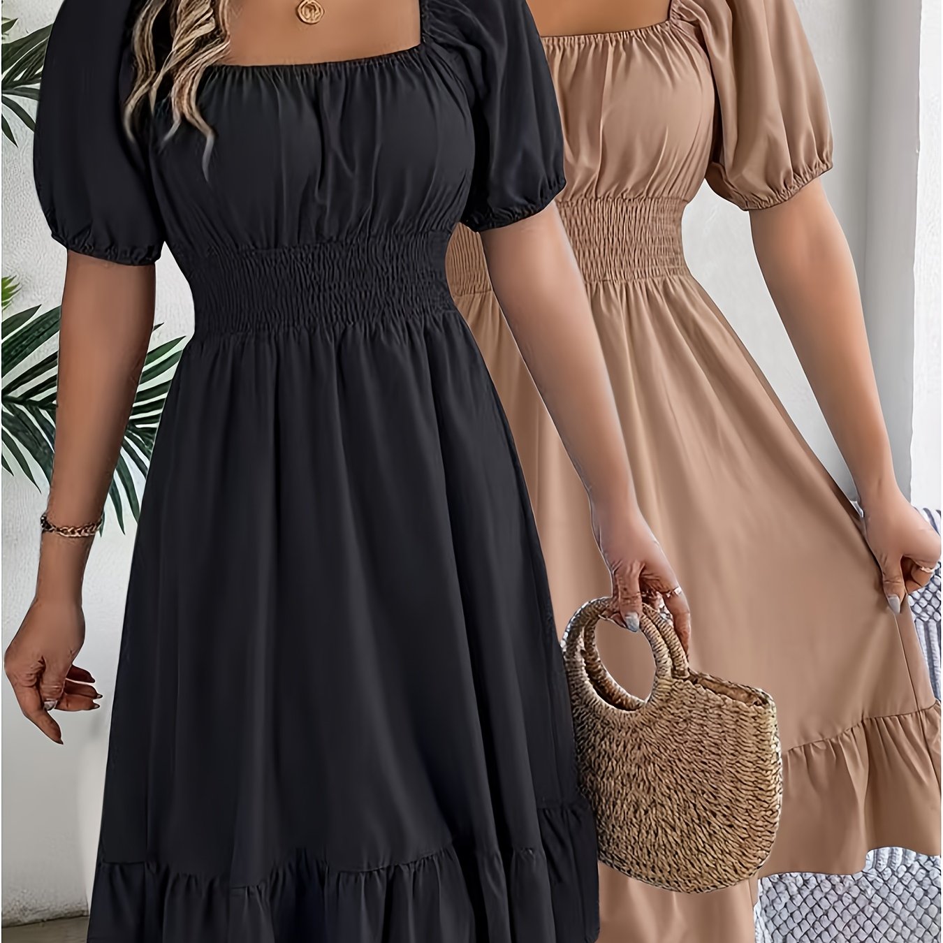 E-shop 2 Stück Frühling/Sommer Casual Elegantes Quadrat-Ausschnitt Kurzarm Taillenbetonendes Rüschensaum A-Linien-Kleid