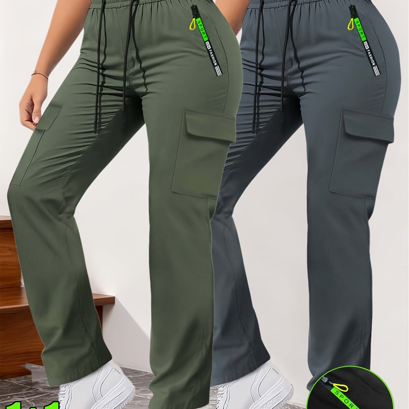 2pcs Women's High-waisted Loose Straight-leg Cargo Pants, Side Zipper Pockets Adjustable Drawstring Daily Casual Trousers
