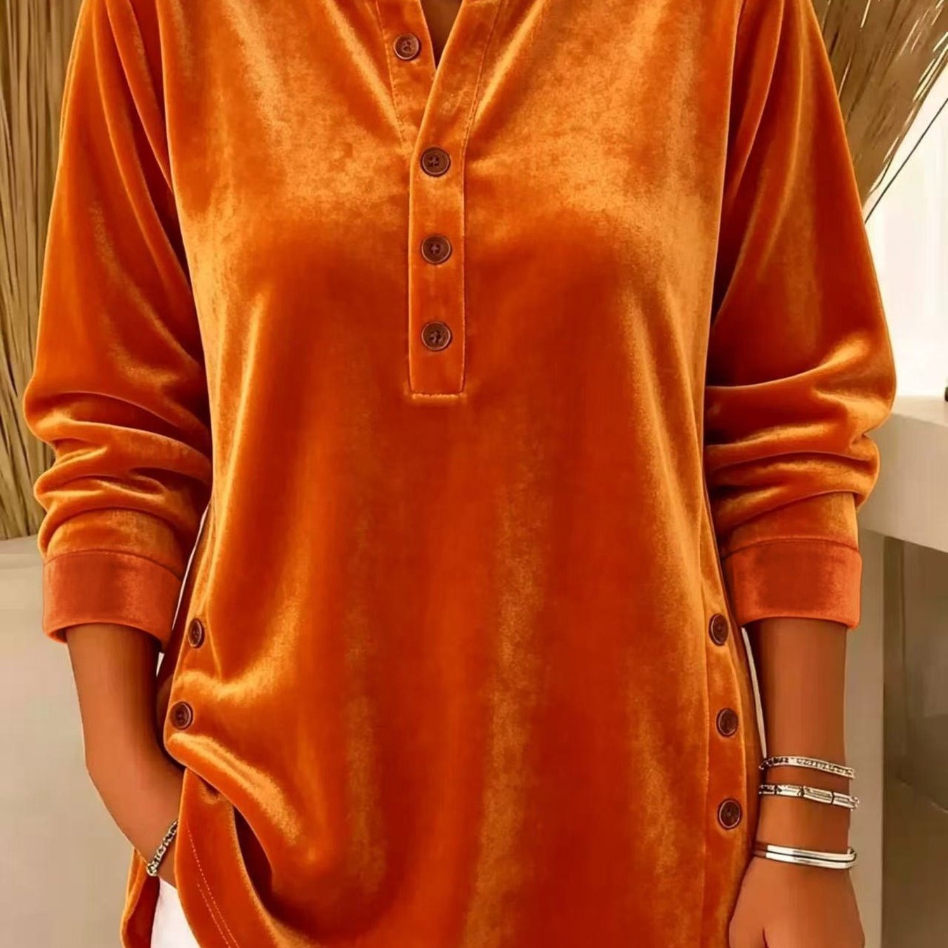 Image of Fall/winter New Style Women's Clothing - Velvet Casual Loose V-neck Long-sleeve T-shirt