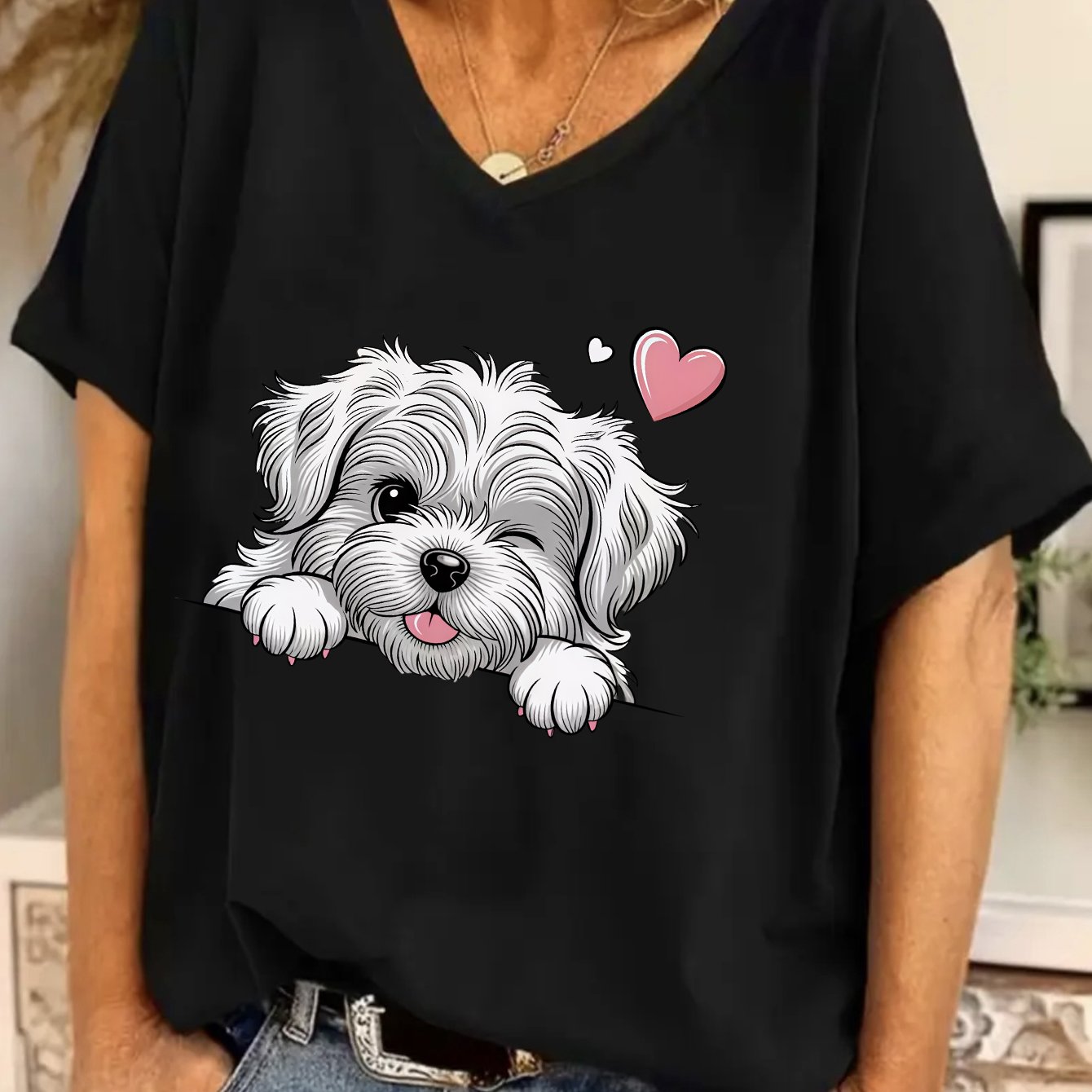 TEMU Plus Size Women V-neck Black Loose Short Sleeve T-shirt Cute Fluffy Dog Peeking With Print And Top