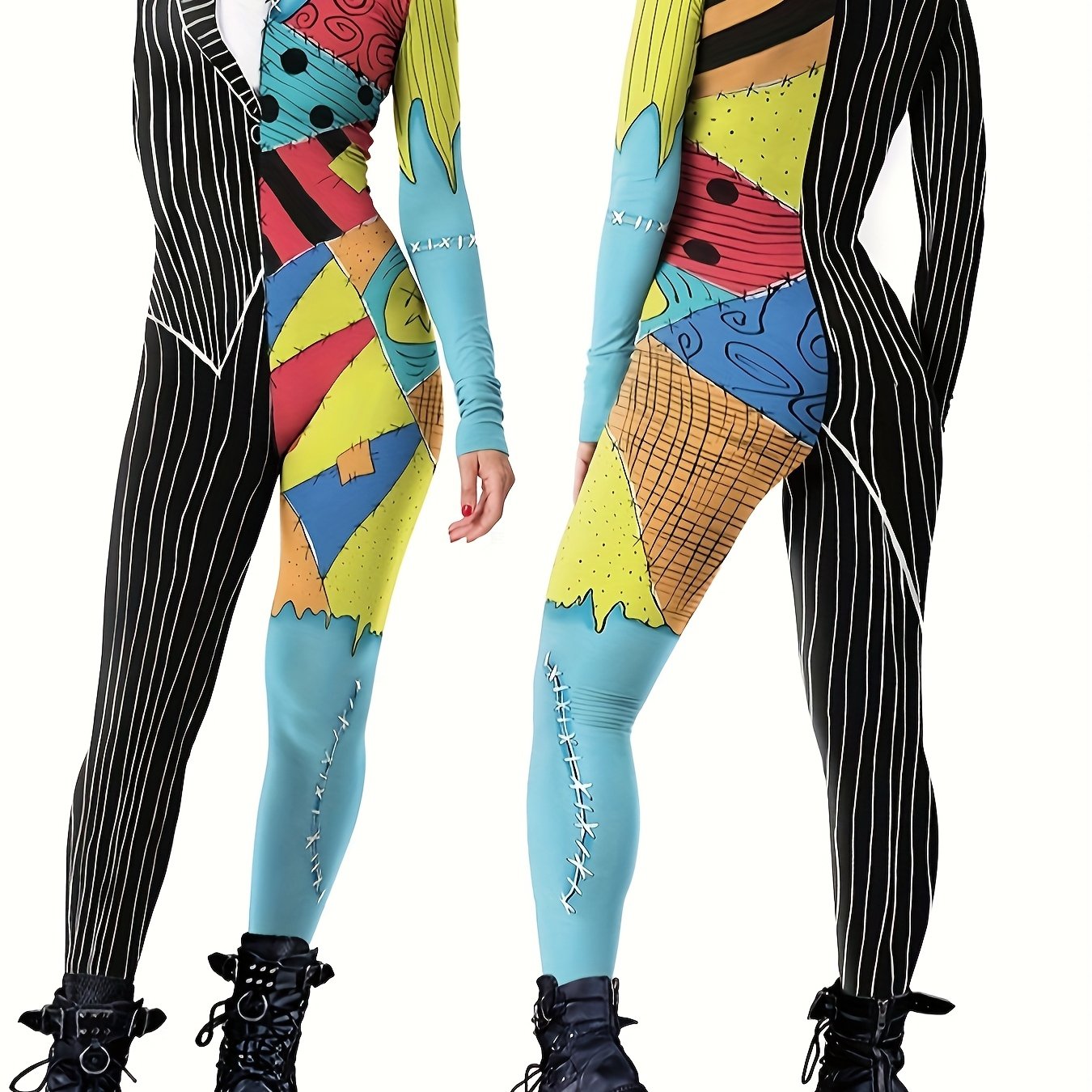 E-shop 6131 Modischer Druck Party-Jumpsuit. Cosplay-Druck/Langarm-Lang-Hose/Rückenreißverschluss-Design. Dehnbarer, bequemer Stoff, maschinenwaschbar.