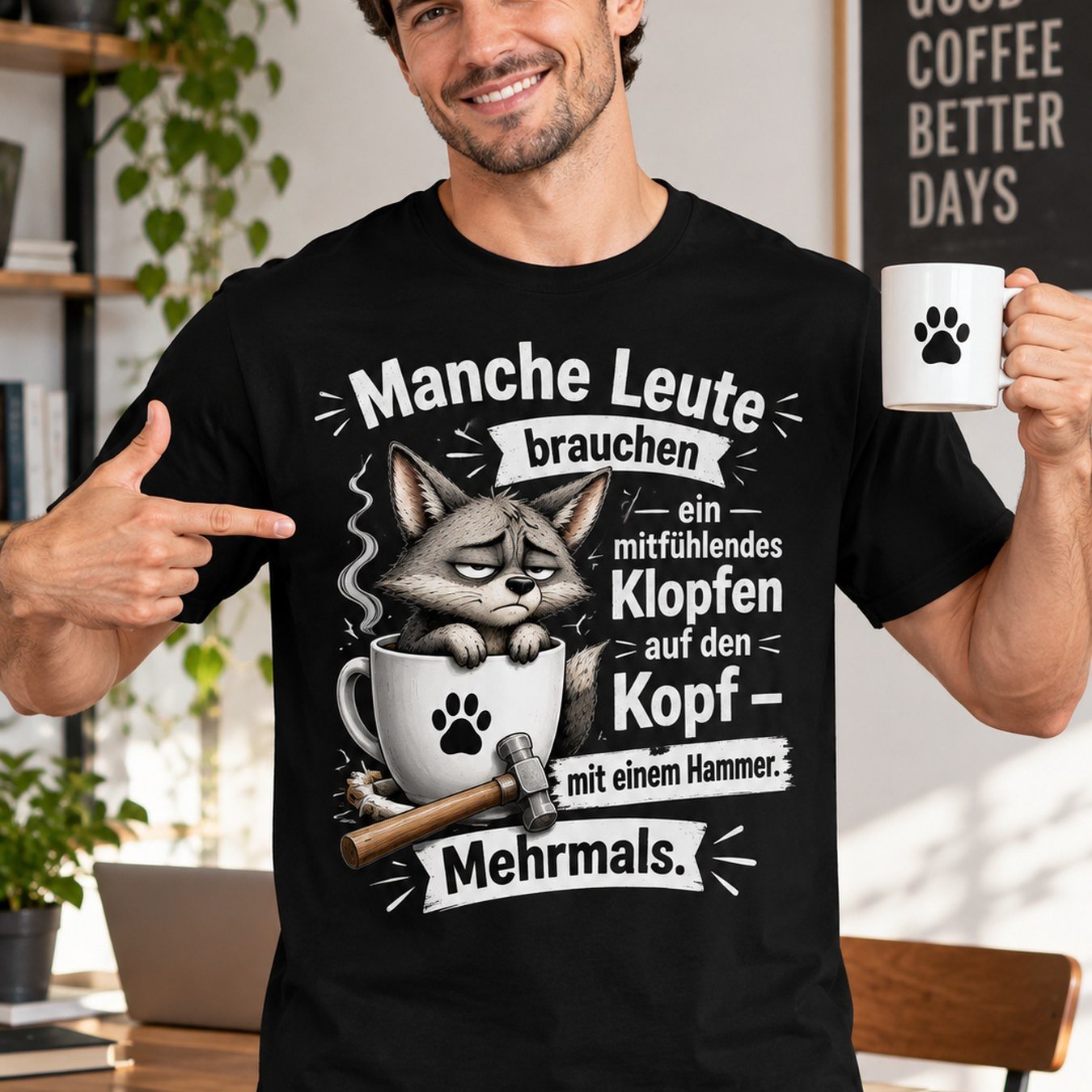 Image of Men's & Unisex German Sarcastic Quote T-shirt - " Need A Hammer" Fox With Coffee & Hammer Print, Casual Round Neck Tee Suitable For Wear, Machine Washable Humorous Gift For Sarcastic German Phrases
