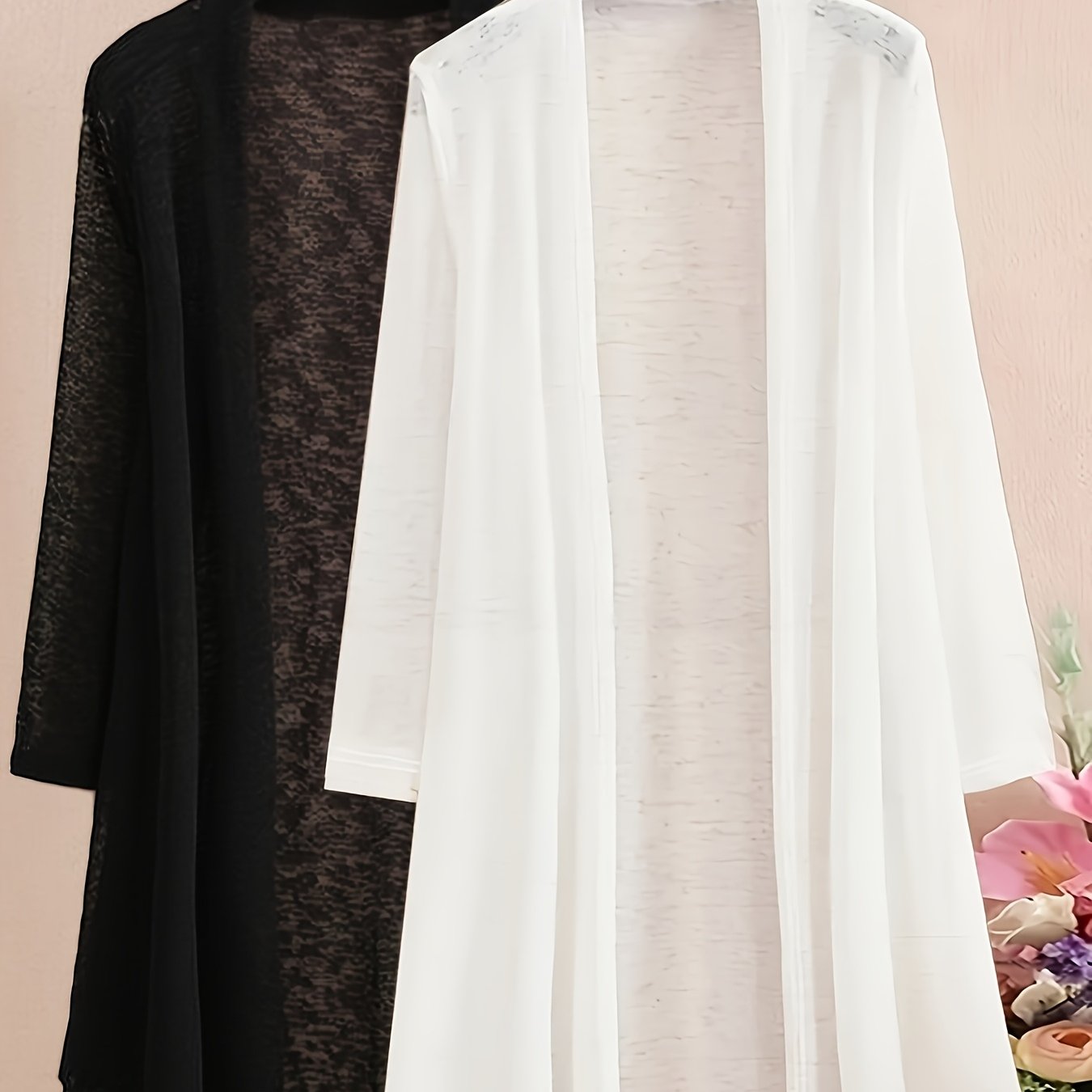 TEMU Value 2pcs Set 2026 New Women's Elegant Long-sleeve Cardigan - Solid Color Cover-up, Slightly Stretchy Semi-sheer Fabric, Suitable For Beach