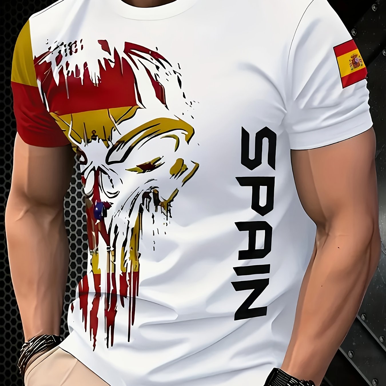TEMU T-shirt décontracté à imprimé de style espagnol, chemise à col rond en fibre de polyester, de couleur unie, coupe régulière en tissu tricoté,