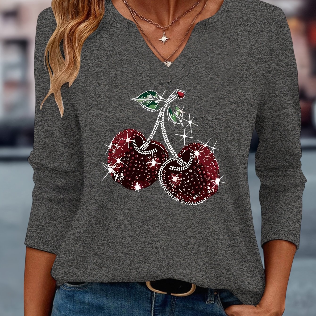 TEMU Cherry Pattern Printed Casual V-neck Three-quarter Sleeve T-shirt For Women In A Easy And