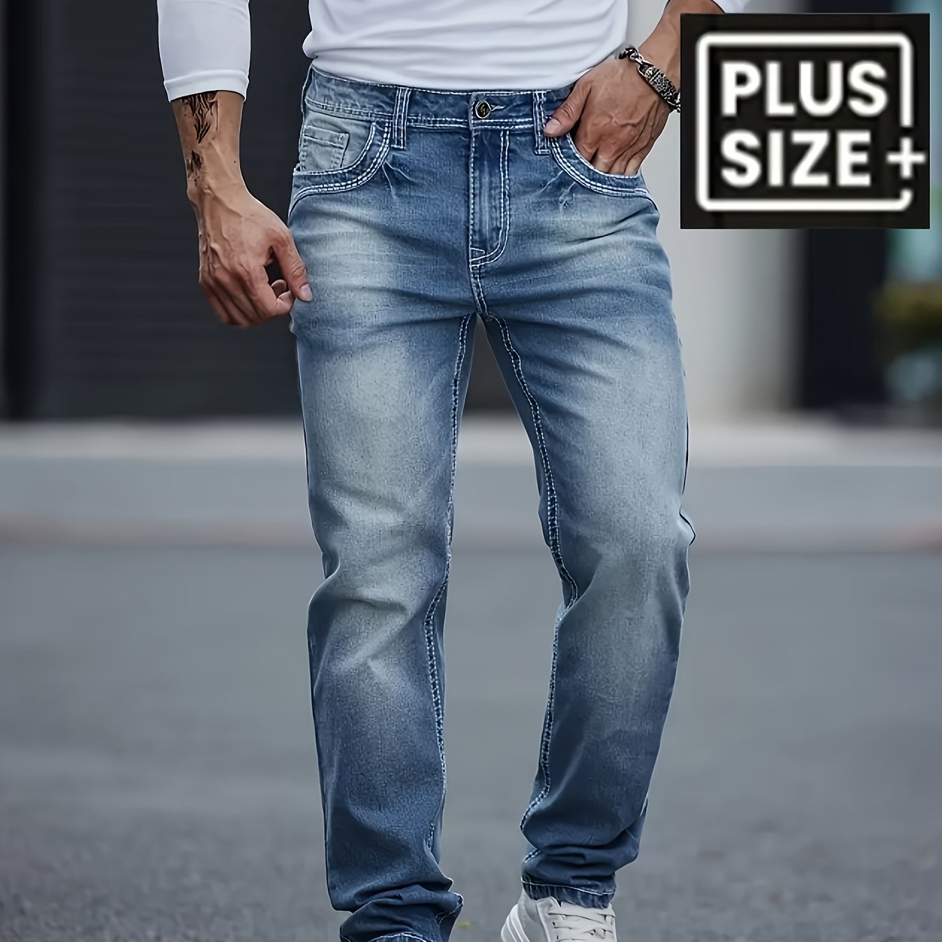 TEMU [hme] New Autumn And Men's Denim Trousers, Mid-waist Stretch Slim Straight Leg, Retro Washed And Versatile, Elastic Fabric Machine Washed,