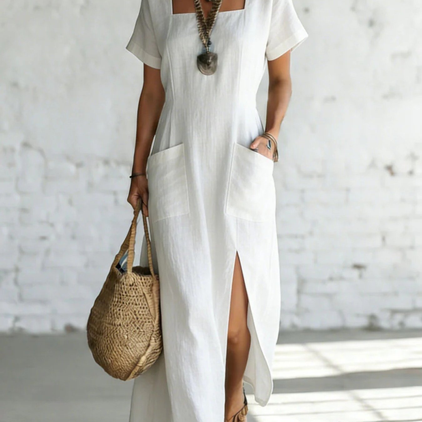New Solid Color Loose Square Neck Short Sleeve Dress For Women, Irregular Length Dress