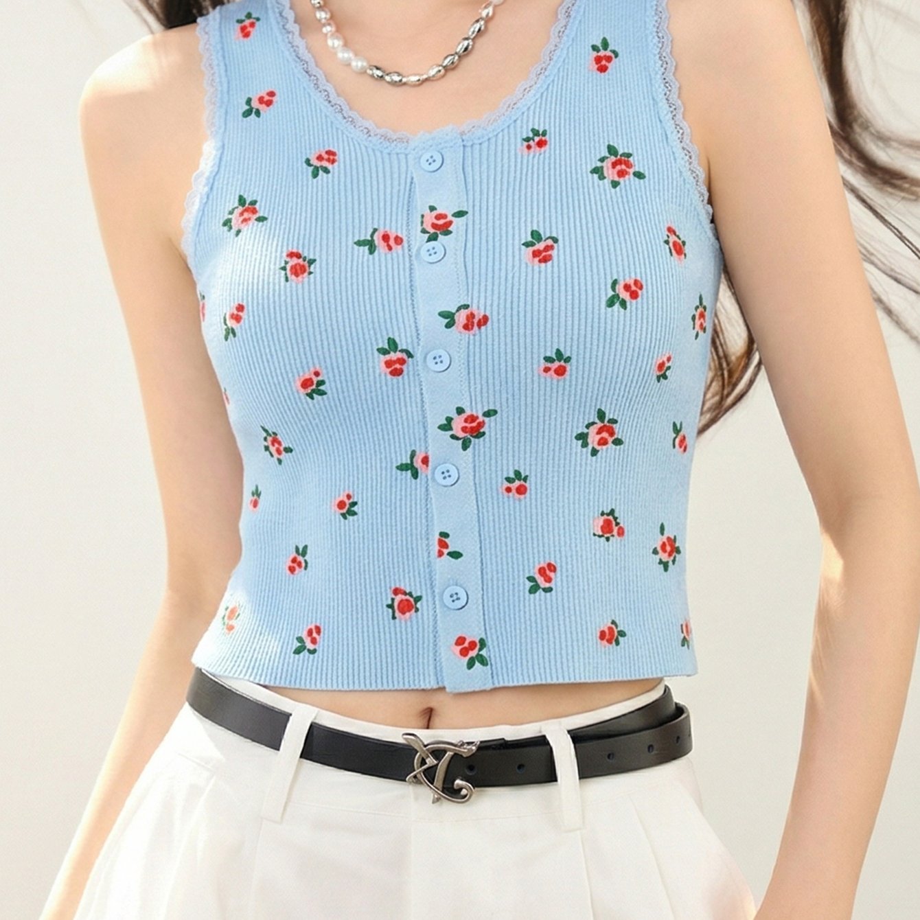 TEMU Dopamine Cute Cherry Floral Ruffle Top Sexy V-neck Cardigan Halter Camisole
