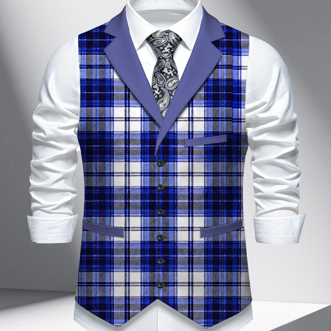 TEMU Plus Size Men's Lapel Vest Single Piece, Fashionable Casual Wedding Party Men's Waistcoat Top, Men's Lapel Vest, Single Blue And White Checkered