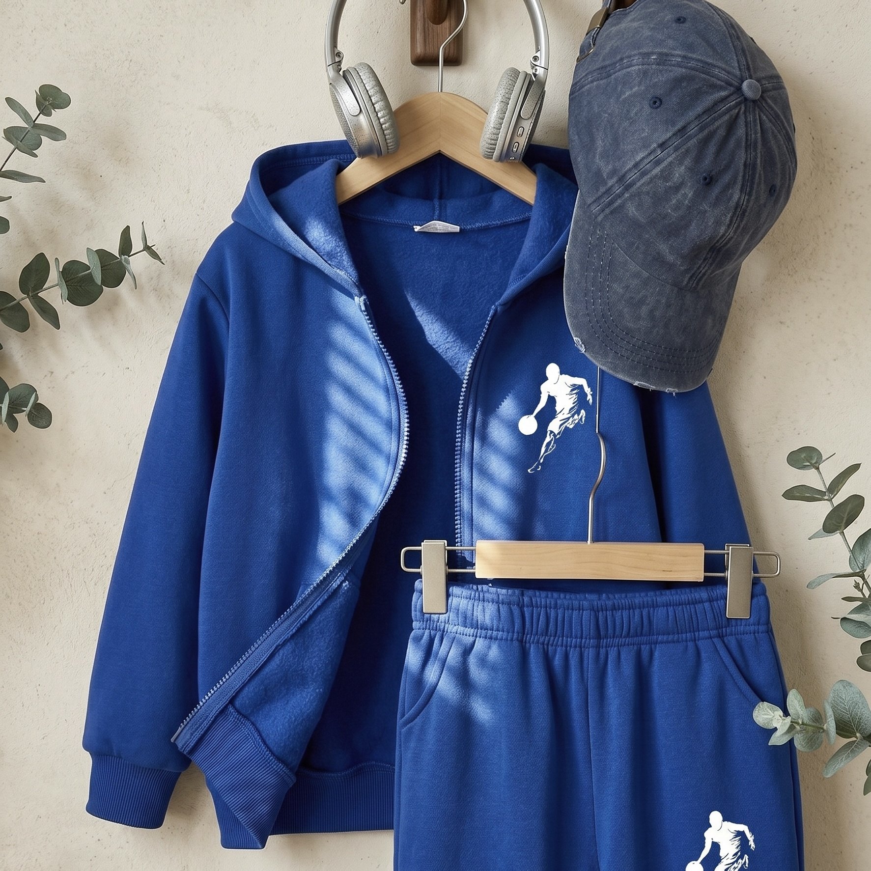 Image of 2pcs Boys' Cool Basketball Player Print Solid Color Hoodie And Jogging Pants Set, Daily Home Or Outing Wear, With Zipper And Pockets, Perfect For Outdoor,christmas,halloween