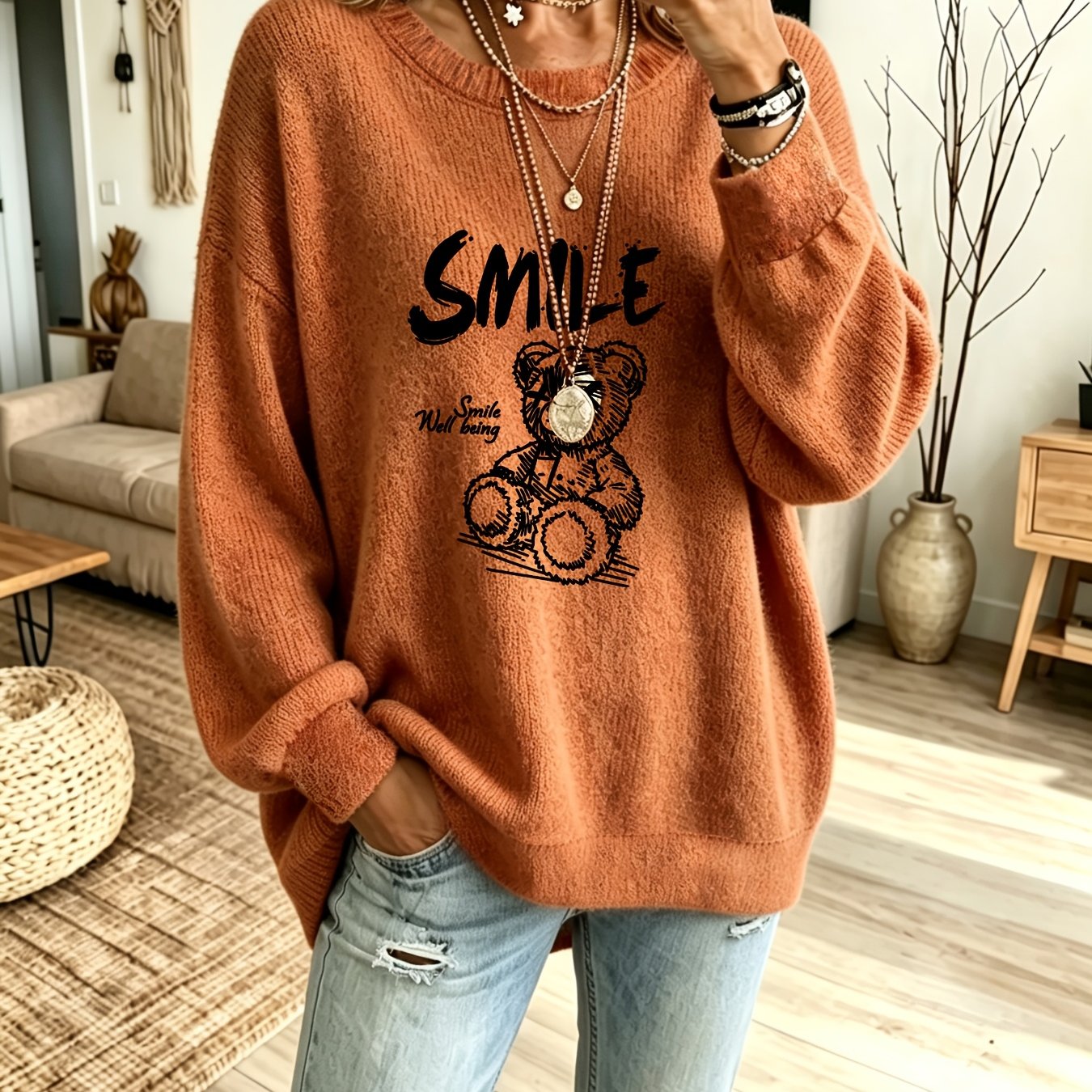 TEMU Pyjama et vêtement de détente pour femme, pull à col ras du cou ambiance automne/hiver avec imprimé dessin , haut décontracté, pull pour tenues
