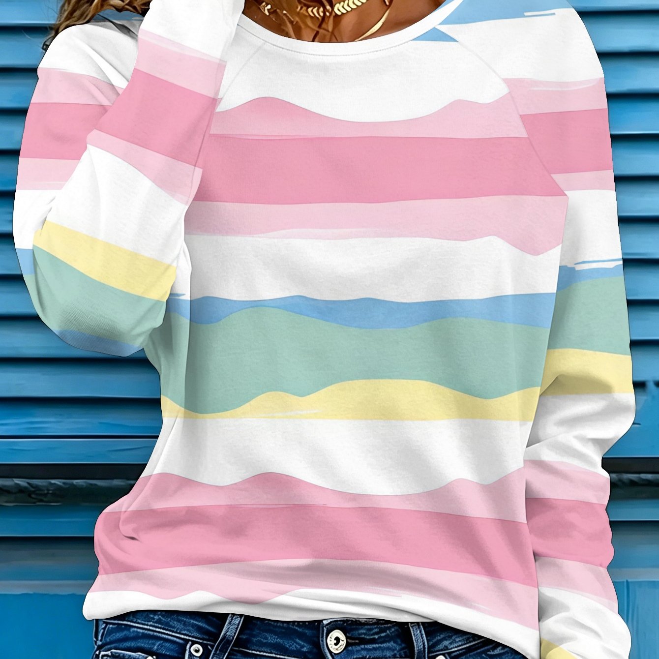 TEMU Women's Long Sleeve T-shirt, Multicolor Wavy Stripe Versatile, Round Neck Spring New