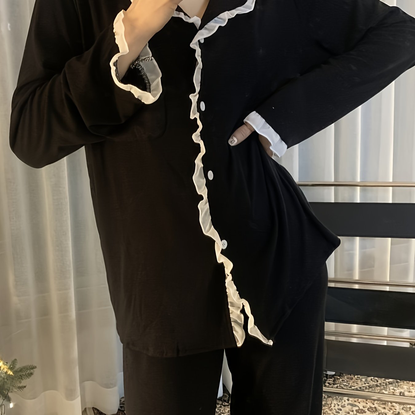 TEMU 【商品名】春と秋に最適な、快適でスできるレディースパジャマセット。ボタンアップのラペルカーディガンは、着用や脱ぎ着が楽にでき、普段使いのスやその他にも最適です。