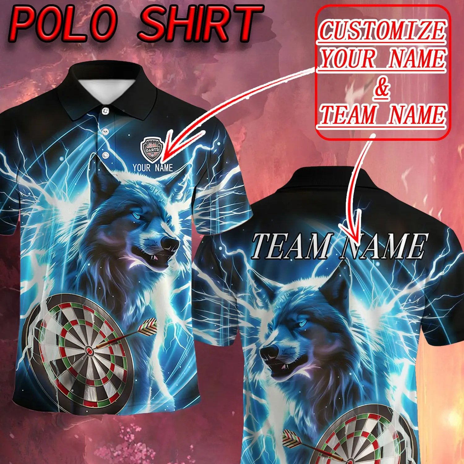 TEMU Personalized Custom Men's Shirt - Cool Wolf King With Lightning And Dartboard Pattern, Double-sided Print, Customizable With Personal And Team