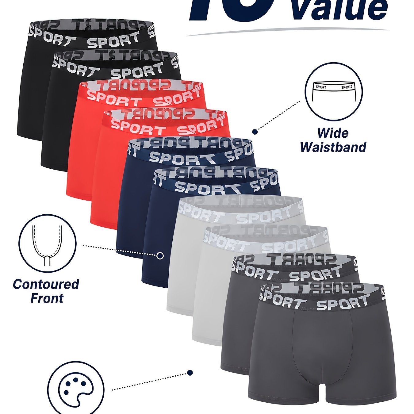 TEMU 10pcs Men's Breathable Boxer Underwear With Sport Letters - Comfortable And Stretchy, Solid Color Casual Sports Bra