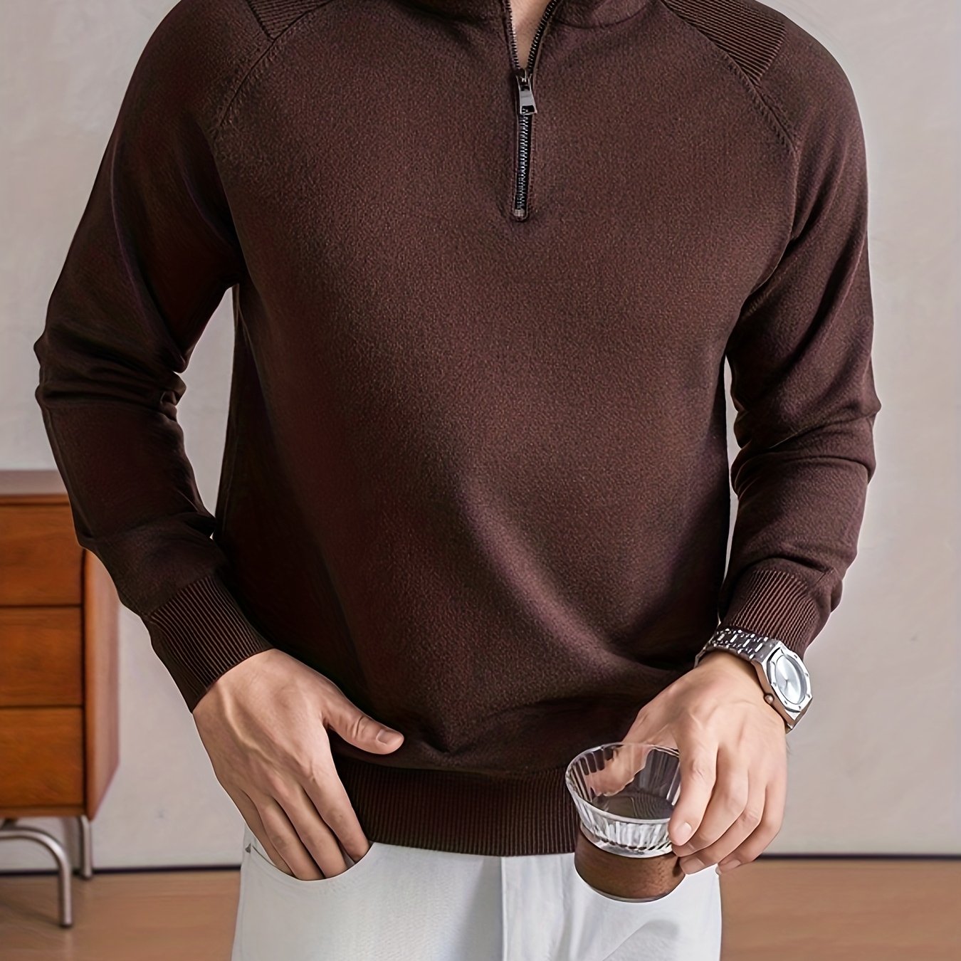 Мужскойприталенныйсвитерсполовинноймолниейиворотником-стойкой-Длинныйрукав,теплыйзимнийсвитер,однотонный,эластичнаяткань,дизайнсопущеннымиплечами,стандартнаядлина,дляработыиповседневнойноски,трикотаж,|Свитерсворотником-стойкой|Свитеризэластичнойткани,Мужскойсвитер,Мужскиесвитера