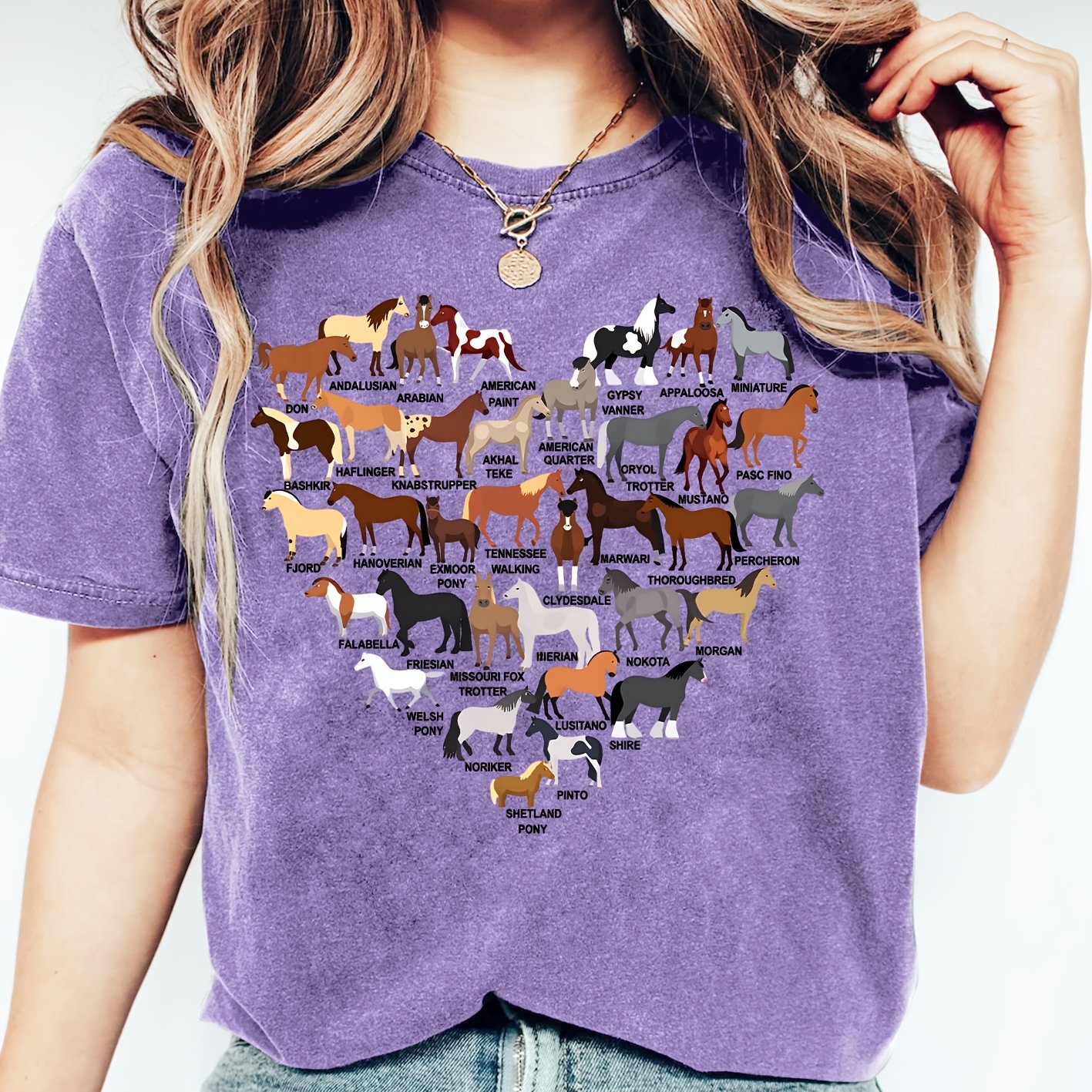 TEMU Women's Vintage Equestrian T-shirt - Short Sleeve Round Neck Casual Blouse & Graphics, S-xxl Sizes, Spring Casual Wear, Machine Washable Tunic