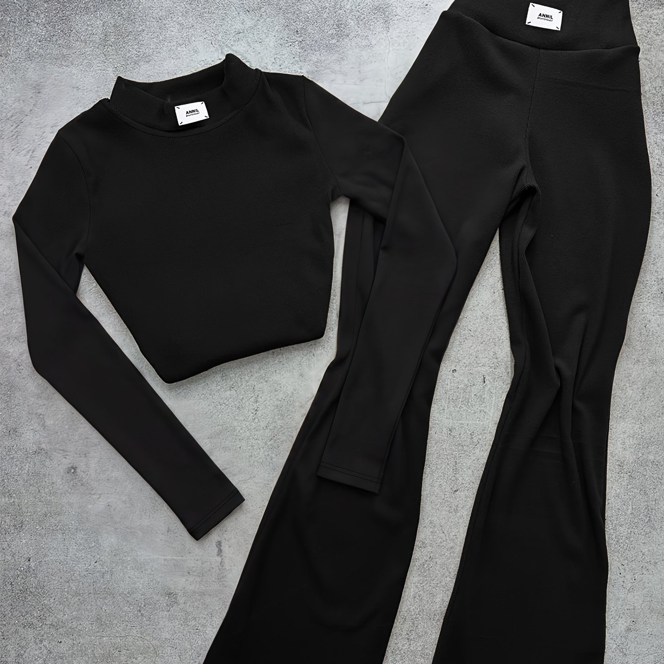 TEMU Dames 2-delige Temperament Korte Kleur Mock Neck Stretch Basislaag Lange Mouw T-Shirt En High-Waist -Lifting Uitlopende Broek Set PB-1910