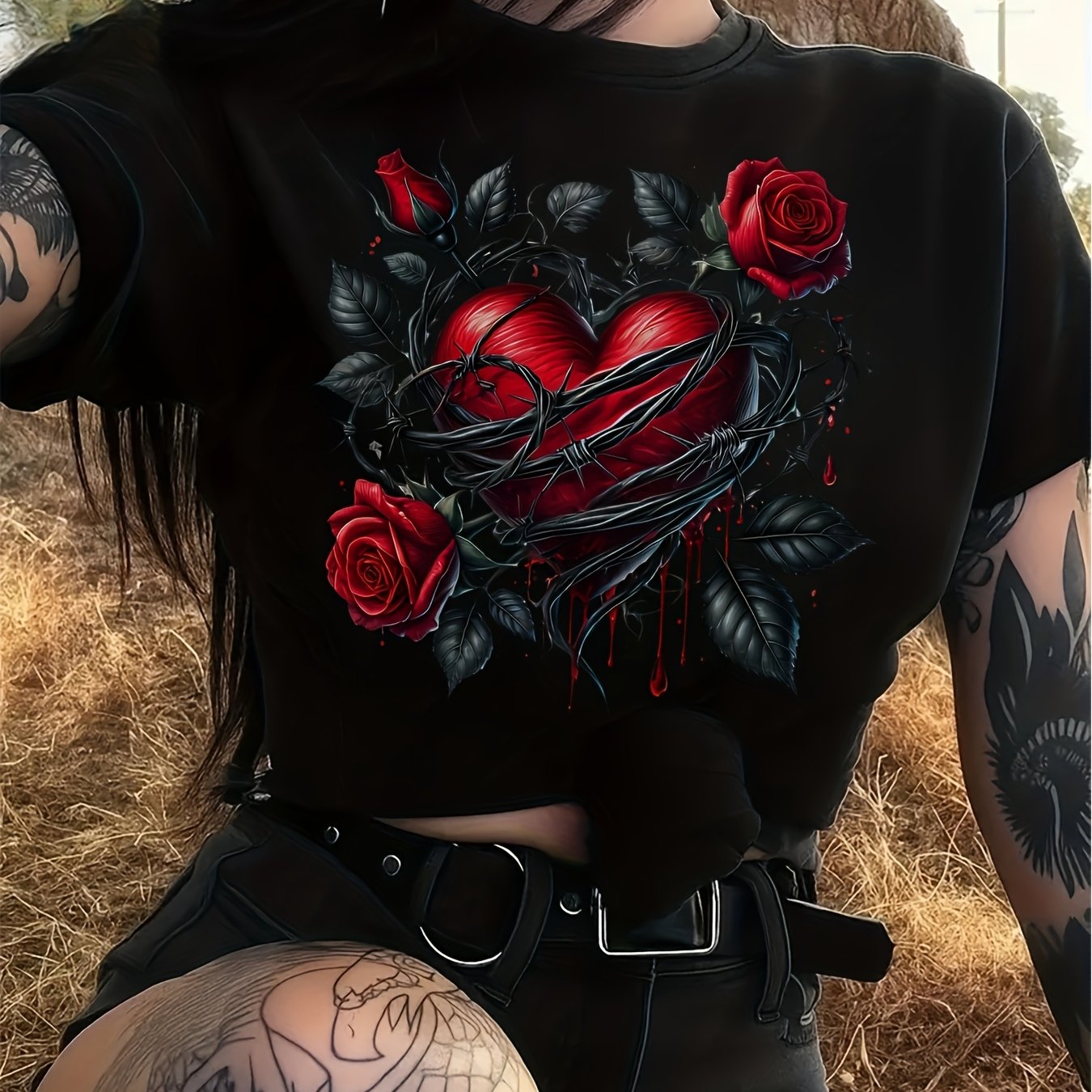 TEMU Women's Gothic Black And Red Rose Print With Thorn And Batwing Design Round Neck Short Sleeve Casual Summer Jacket Comfortable And Breathable