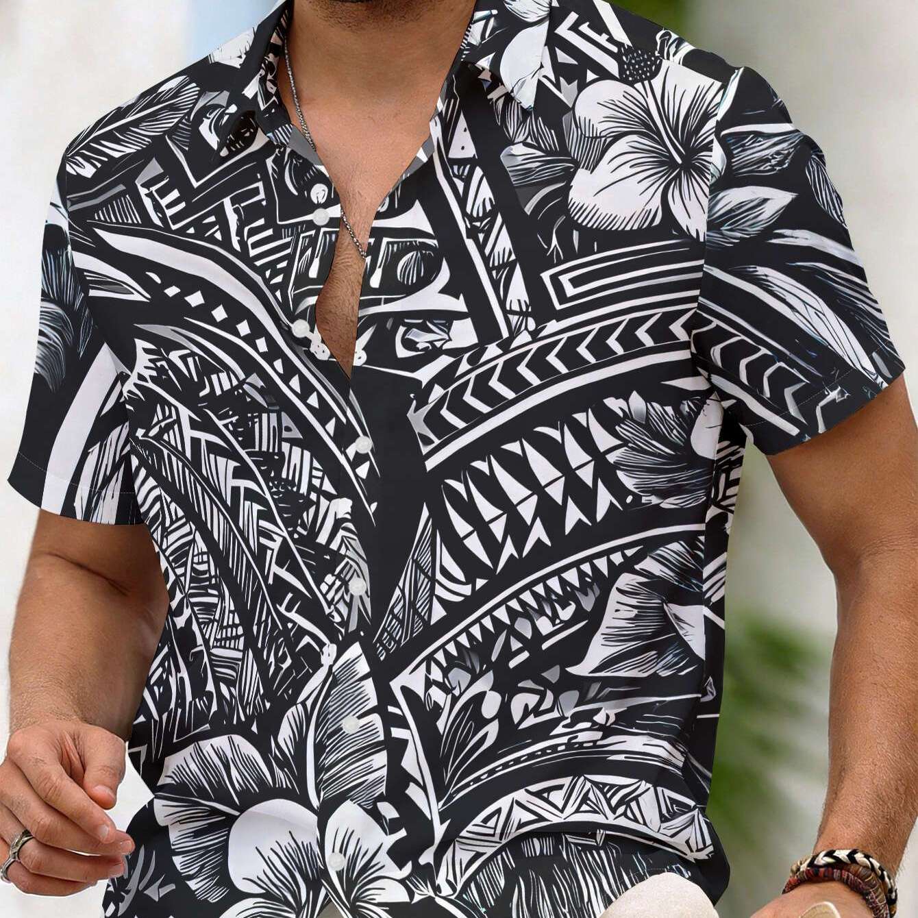 TEMU Chemise décontractée à manches courtes pour hommes, tatouages polynésiens noirs et , motif floral incrusté, haut pour hommes lavable en machine,