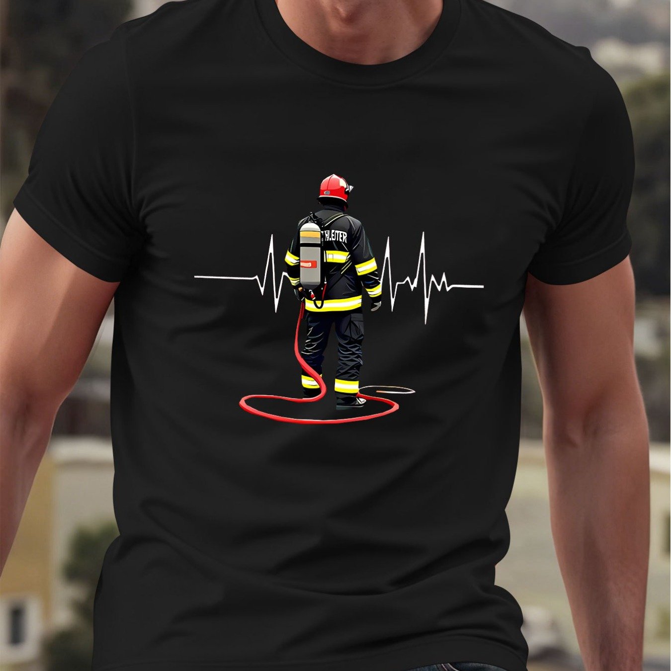 A T-shirt With Short Sleeves Featuring A Firefighter Silhouette And An Ecg Design, To To , Ideal For Firefighters And Their Families, Wear, Commuting, And Charity Functions