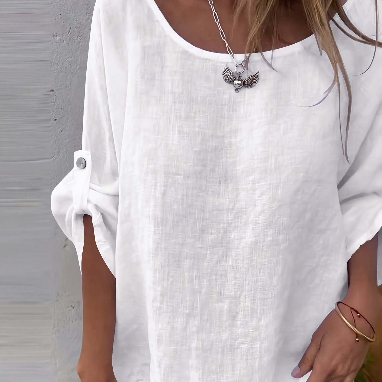 TEMU Solid Color Adjustable Three-quarter Sleeve Blouse, Elegant Crew Neck Blouse For Spring & Fall, Women's Clothing