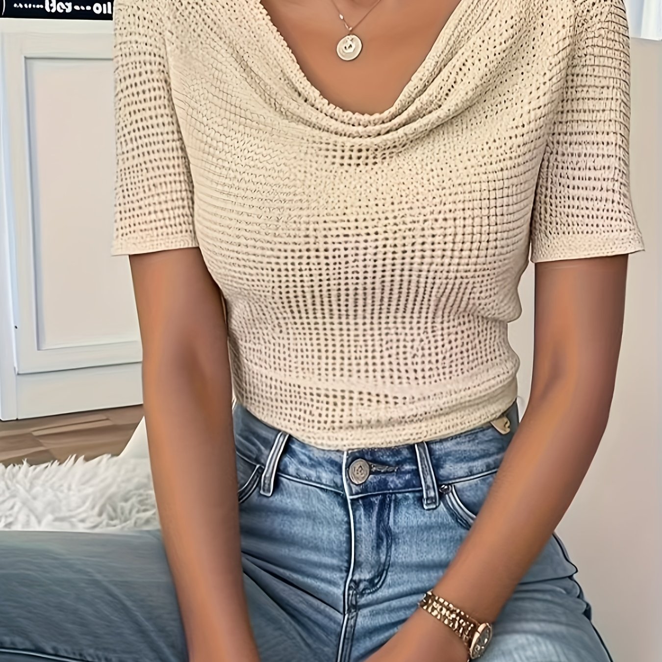 E-shop Damen Kurzarm-Shirt mit Rundhalsausschnitt – Einfarbige Casual Sommerbluse, Handwaschbare Frühlings-/Sommer-Oberteile, Weiche Kurzarm-Shirts für