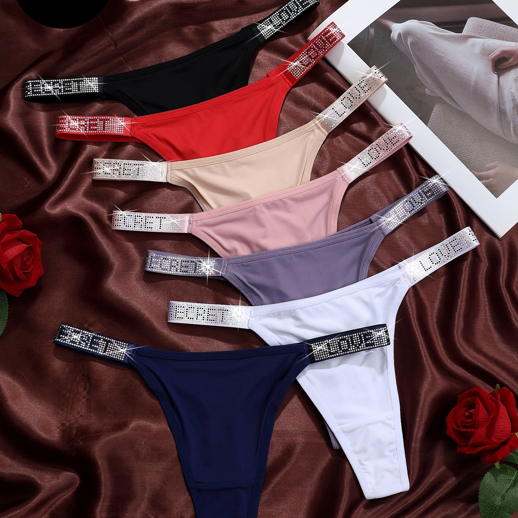 TEMU 7pcs Set Letter Sequined Elastic Waistband Solid Color Easy Women's Underwear Sexy Fashion Breathable Comfortable Skin-friendly Elastic Women's